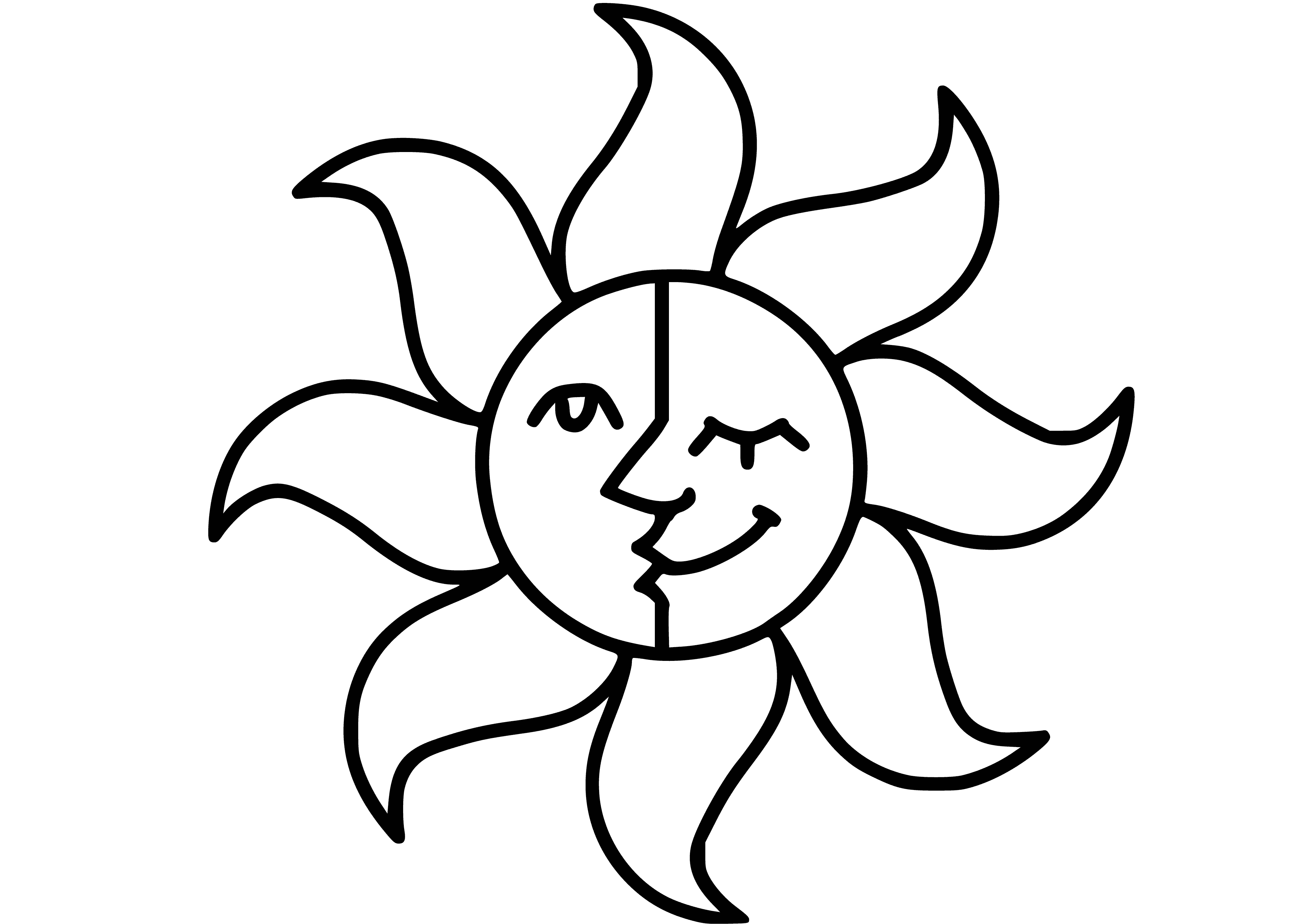 coloring page: The sun is a big orange circle with a smiling yellow face, surrounded by orange & yellow rays. #SolarSystem
