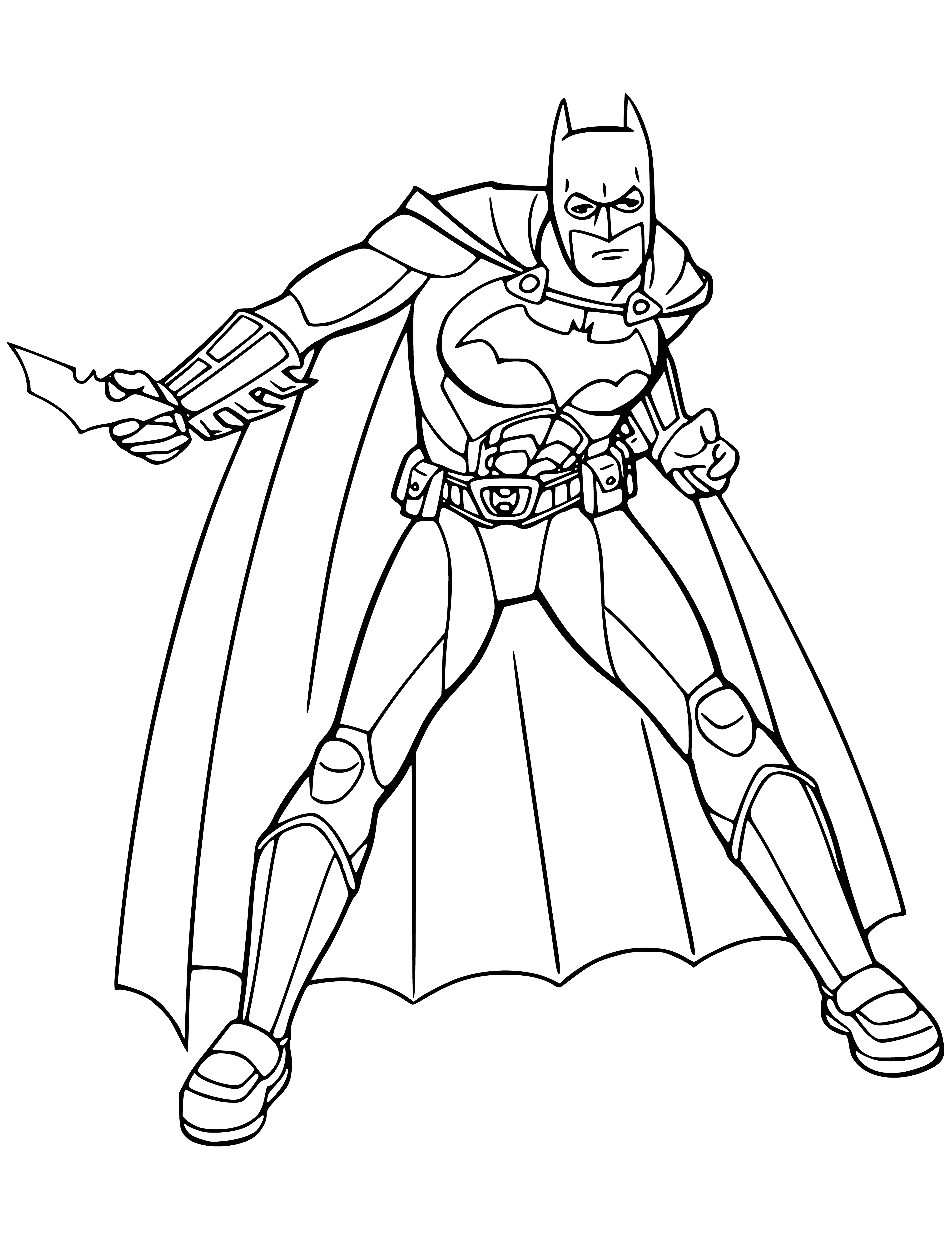 coloring page: Man in black suit, gloves, boots and cowl stands atop a rooftop - eyes cold and piercing. #DarkKnight #Gotham