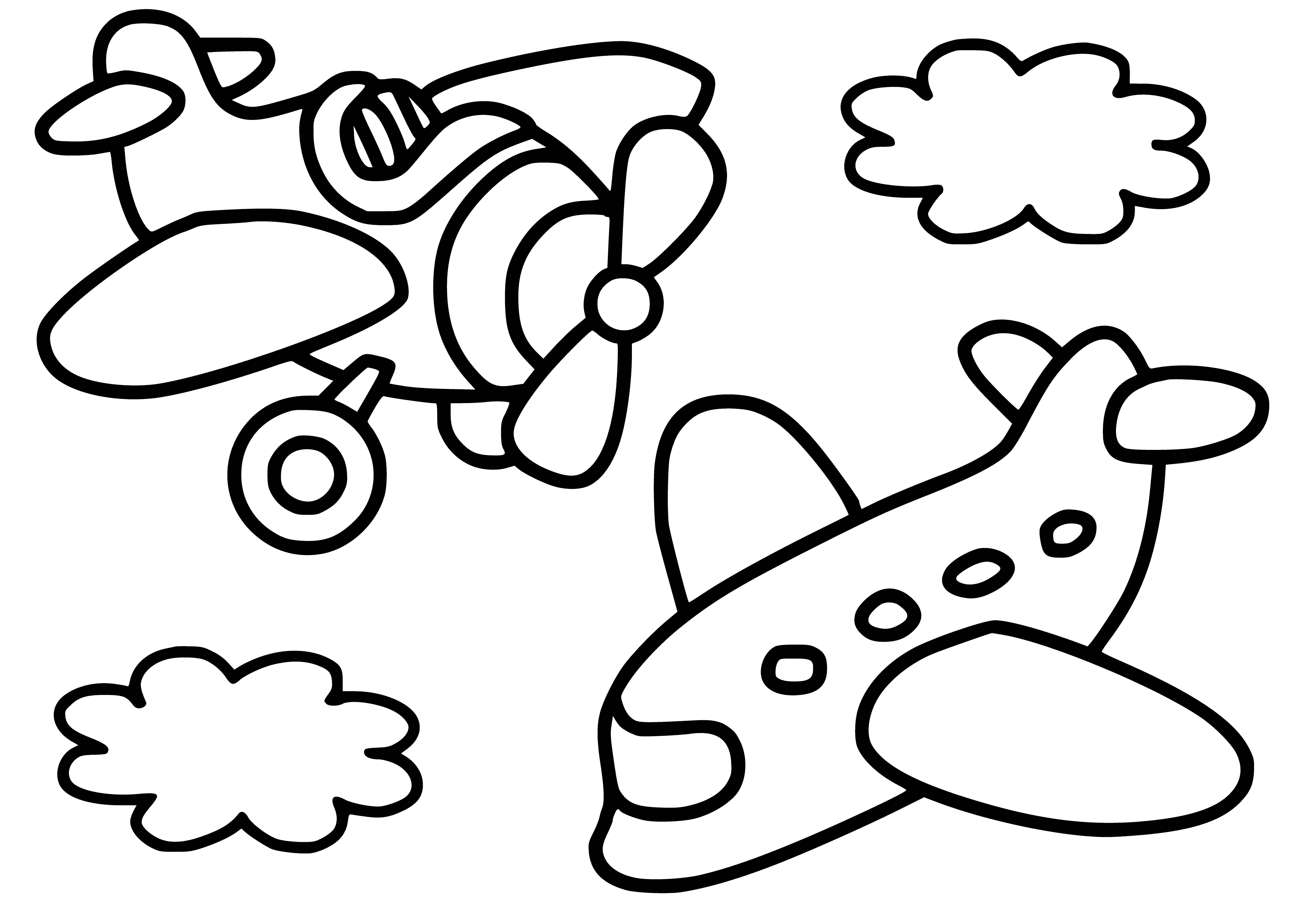 coloring page: Airplanes come in many shapes & sizes. Most have long bodies & wings, many with 1 or multiple engines. Coloring pages show various planes in different settings, such as taking off from a field or flying high with clouds. #avgeek