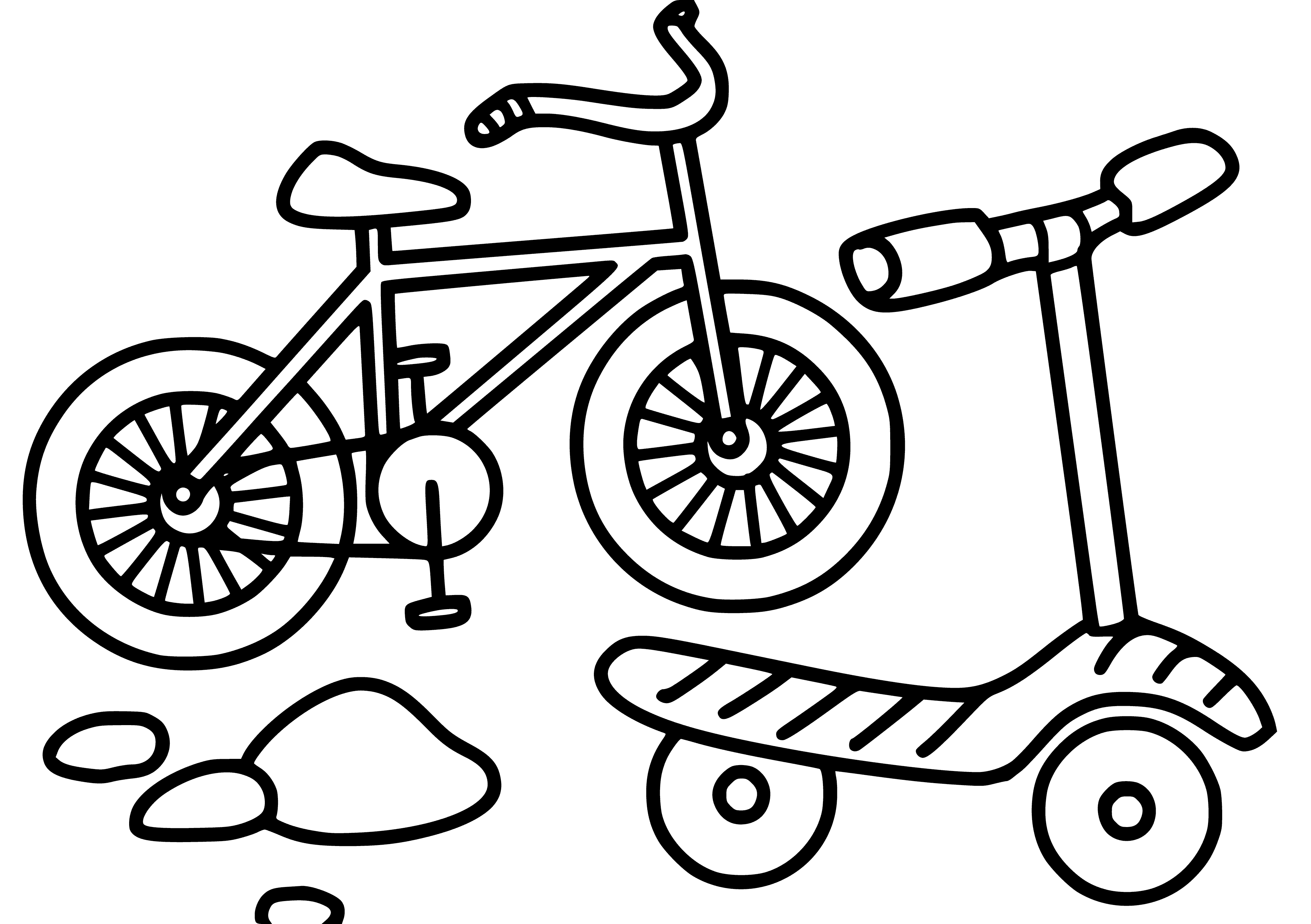 coloring page: Bicycle and scooter have colorful streamers, adding a cheerful touch to their frames. #funride