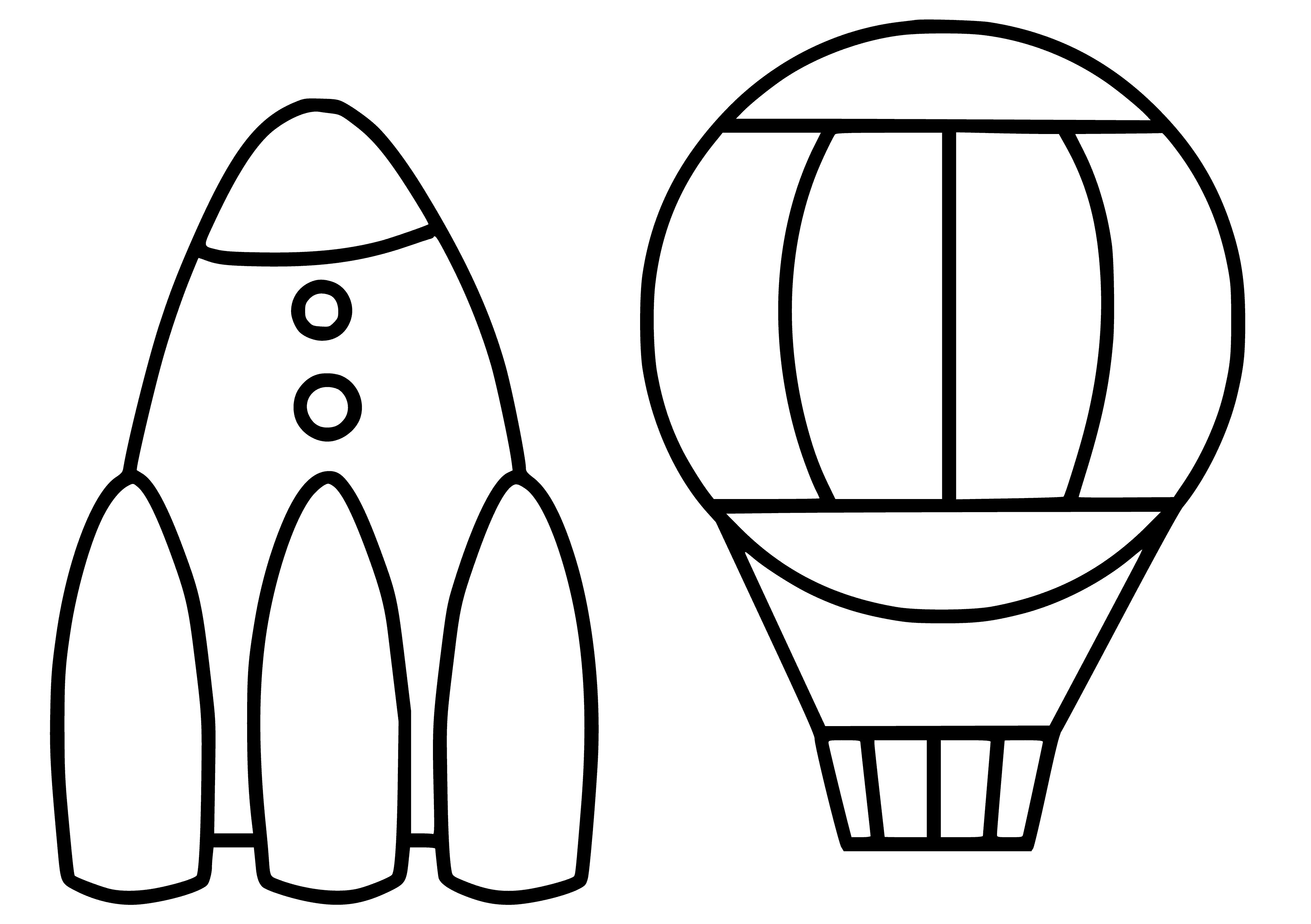 coloring page: A big green rocket and bright red ball float side-by-side in simple coloring pages. #Coloring #rocket #ball