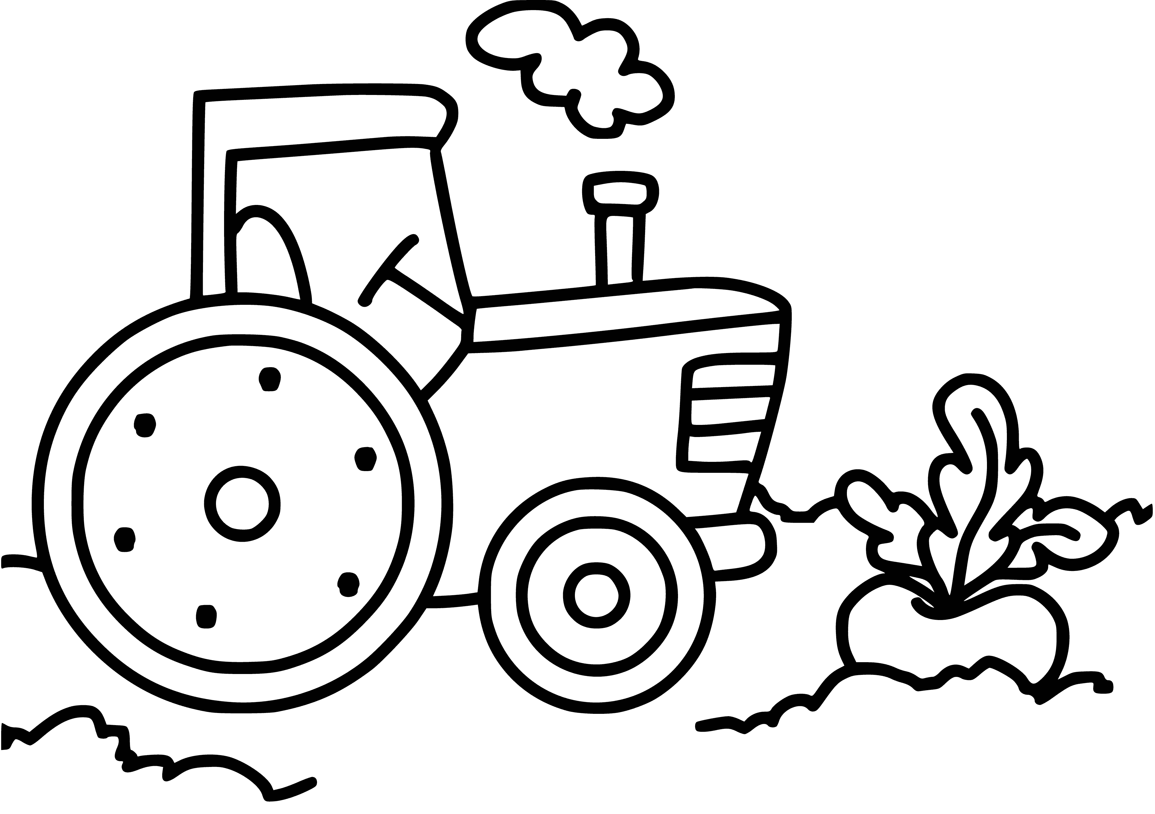 coloring page: Large green tractor, yellow/red wheels, yellow engine, red exhaust, black seat, small green flag -- a classic farming vehicle! #farmlife
