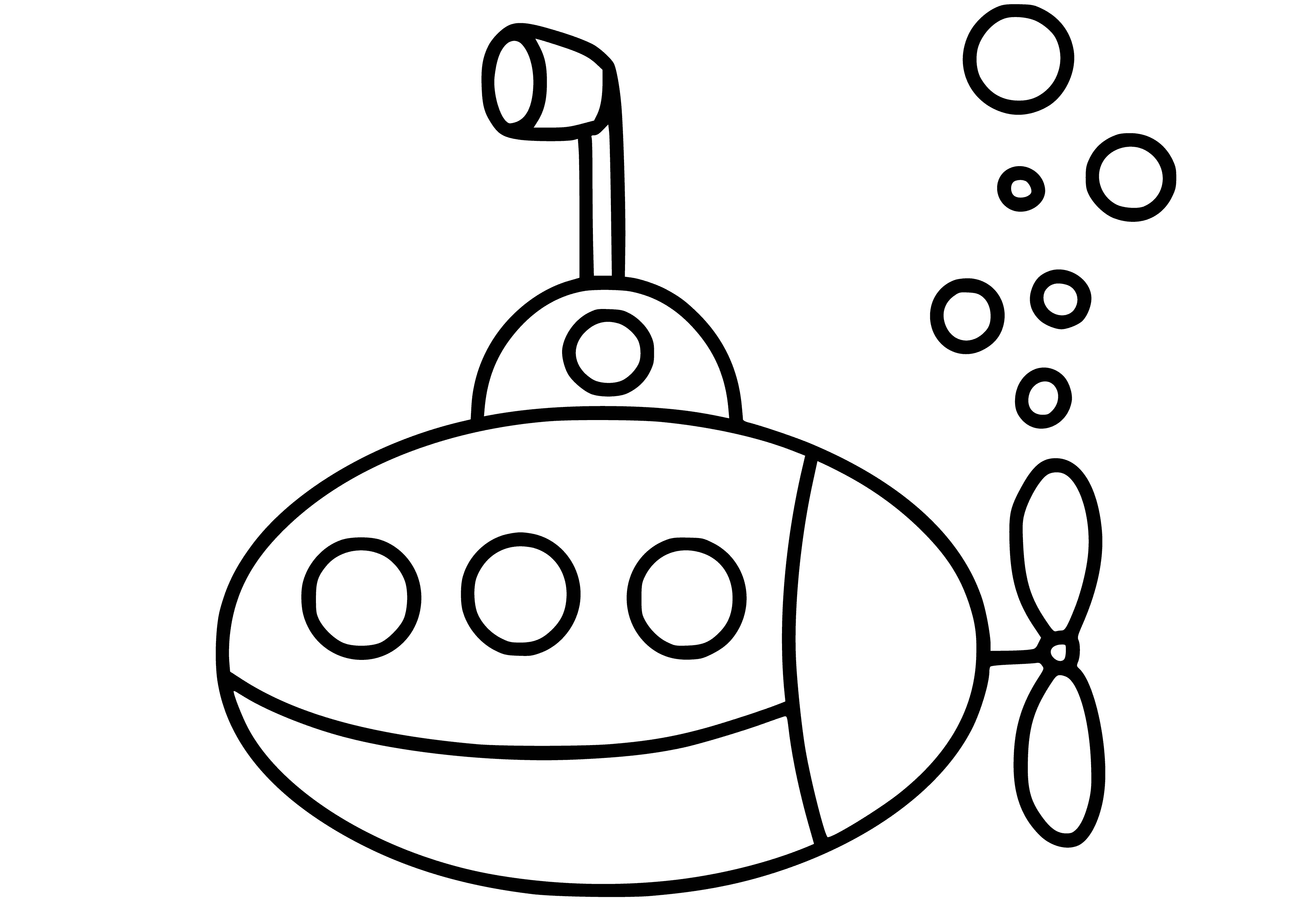 coloring page: Submarine in center surrounded by colorful fish of all sizes. Dark gray sub among blues, greens, yellows, oranges.