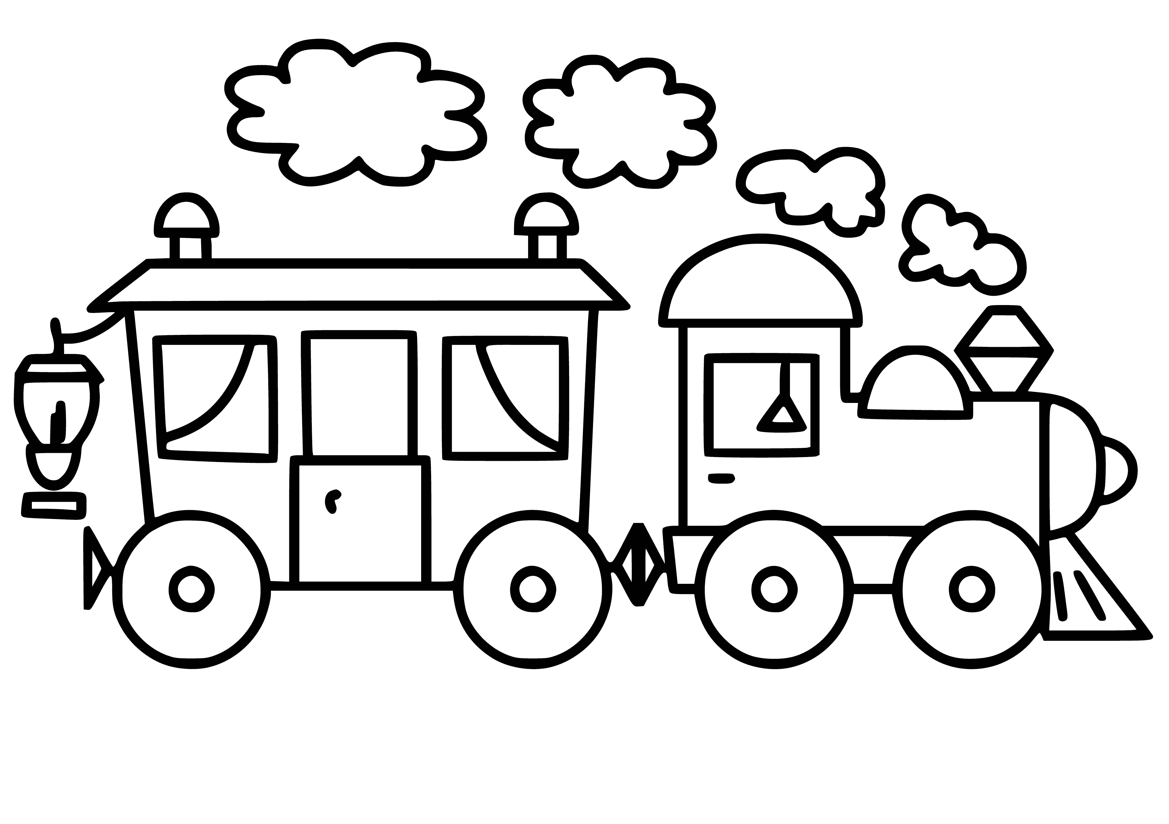 coloring page: A black and white coloring page of a locomotive chugging forward, leaving a trail of smoke in its wake.