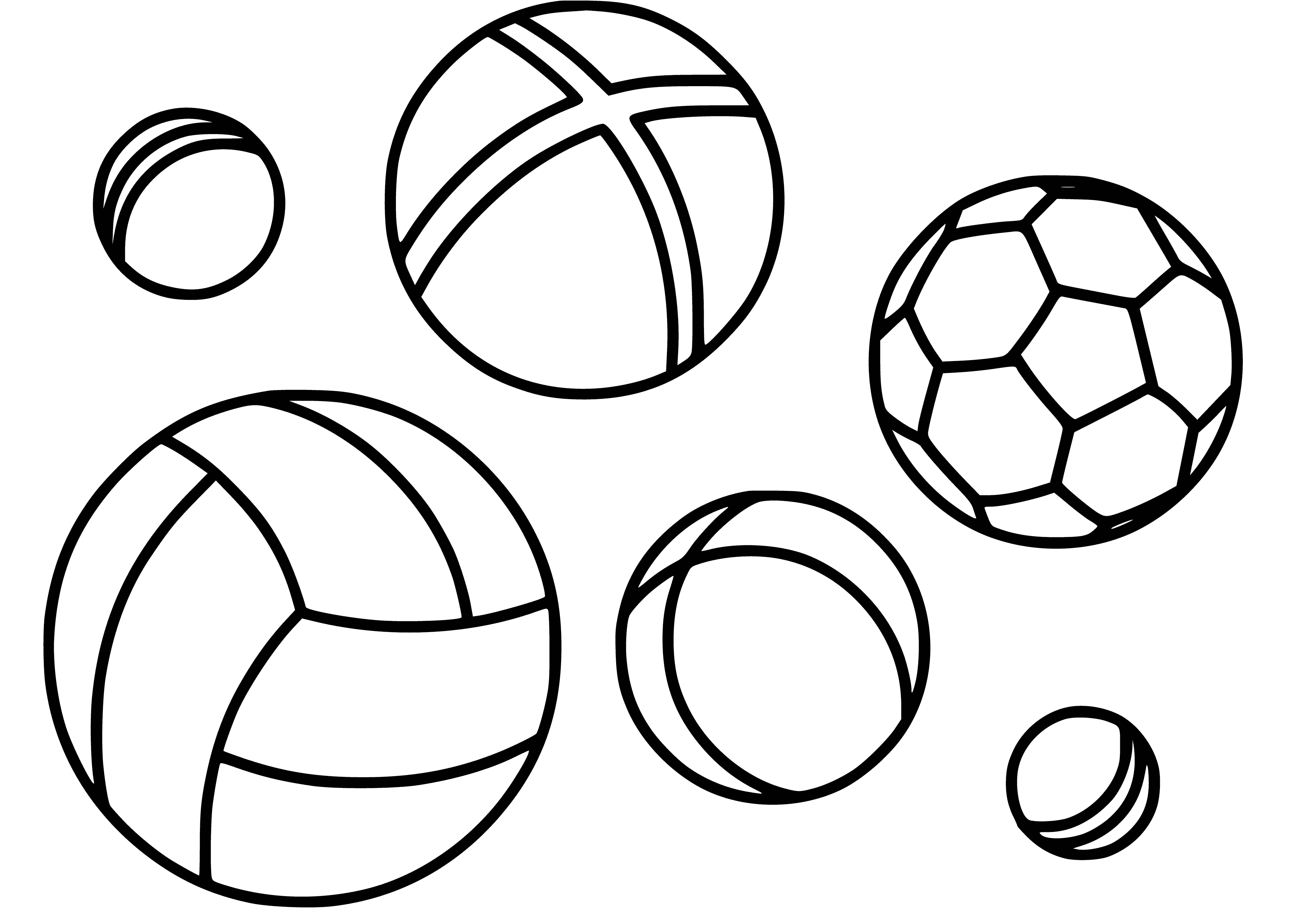 coloring page: 3 balls, blue w/ stripes, green w/ dots, yellow w/ squiggles. Each has a different design.