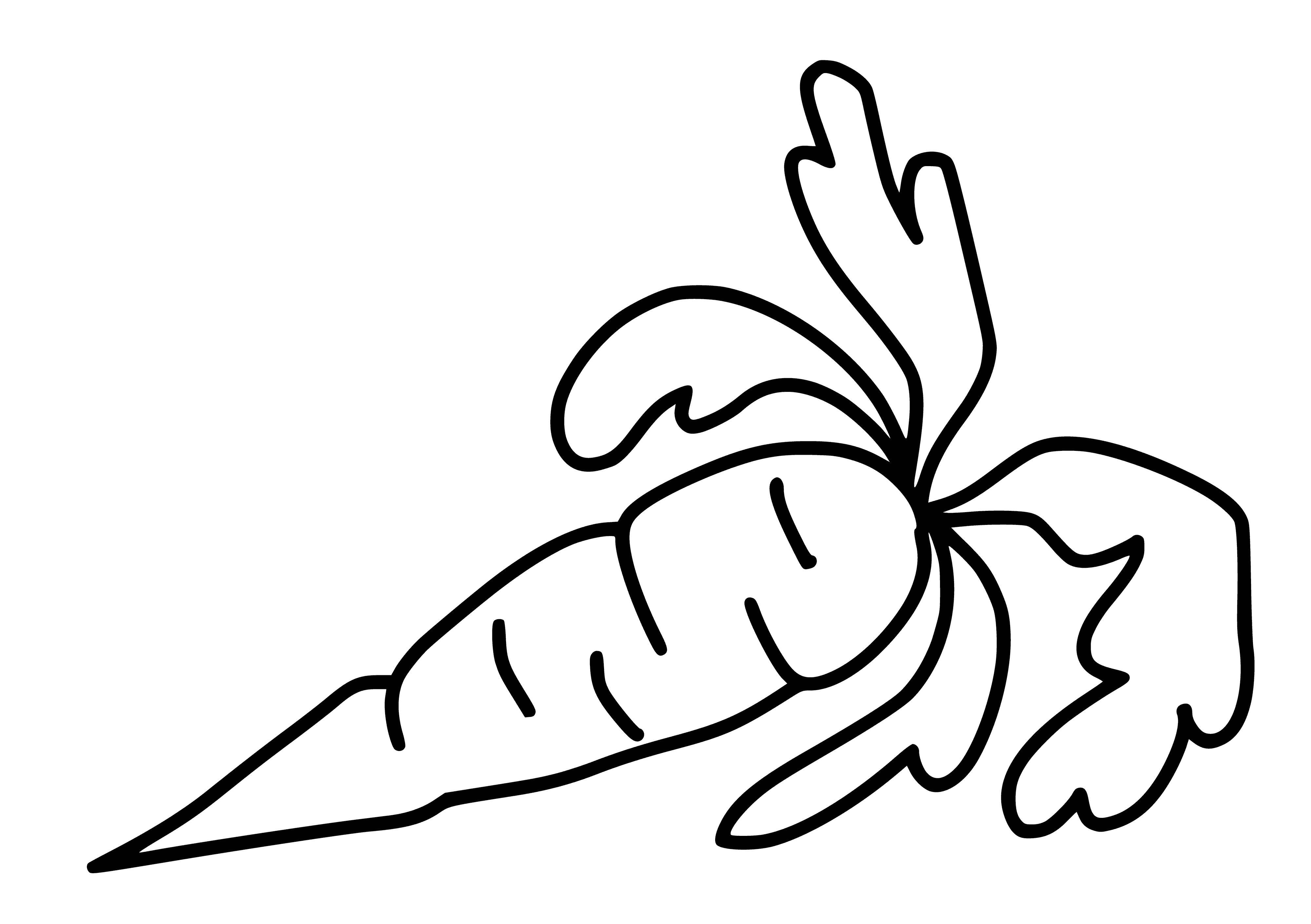 coloring page: Half a carrot cut lengthwise: orange inside & out, tiny green leaf on top.
