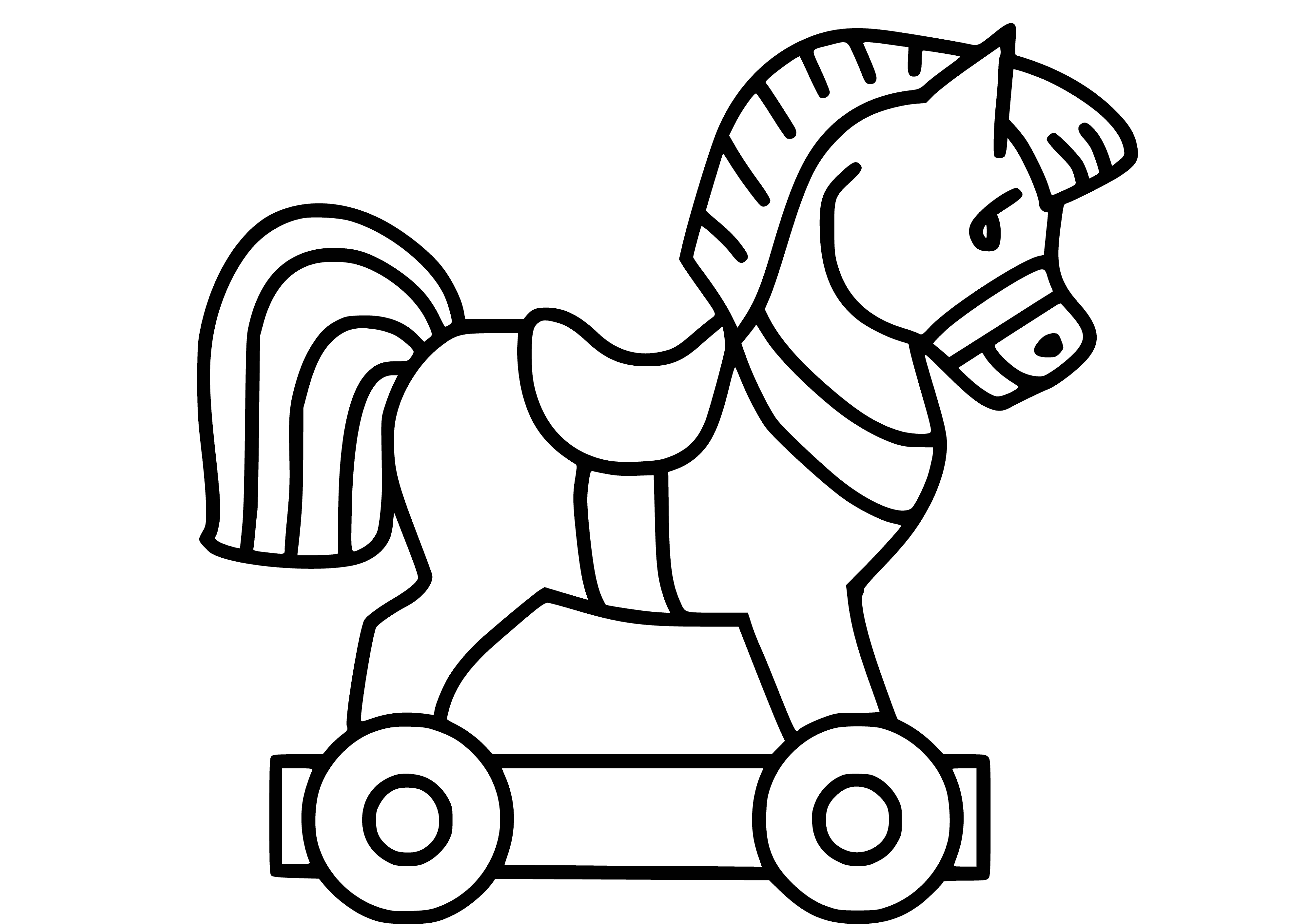 coloring page: A horse stands in a grassy field, with lightbrown fur, a long mane and tail, dark brown hooves, and a blue sky with white clouds in the background.