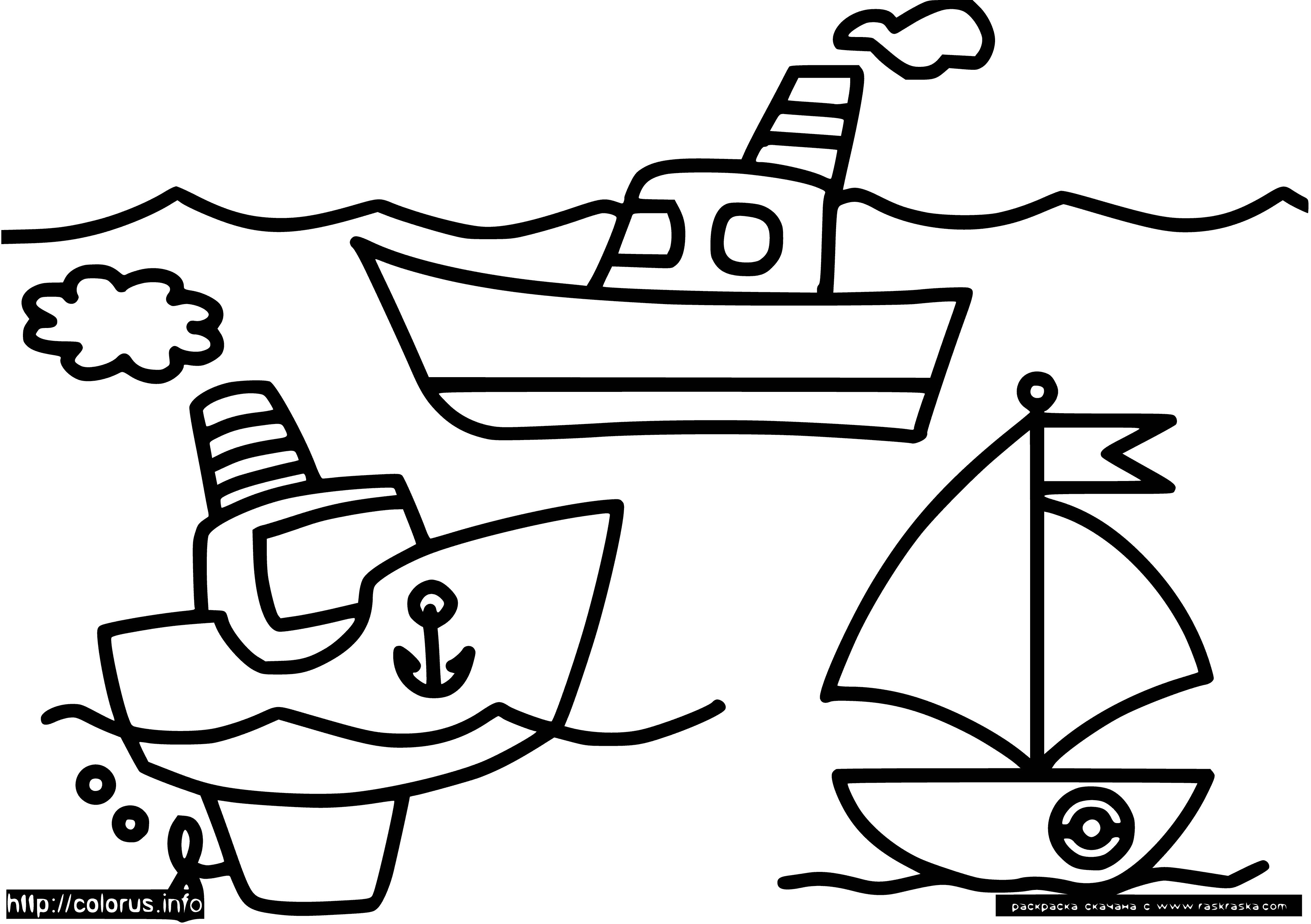 coloring page: Ships sailing on blue sea with white-crested waves.