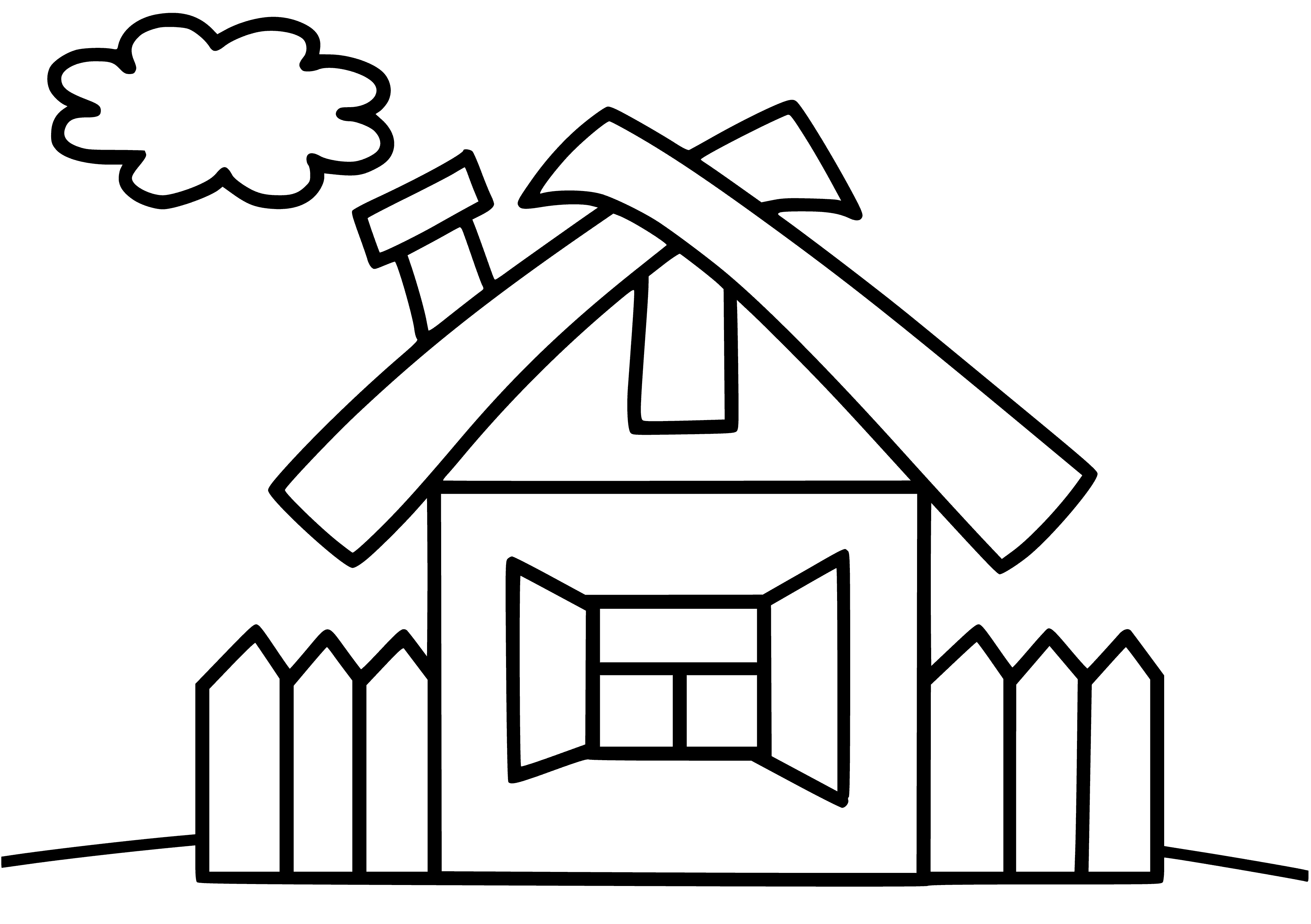 coloring page: A house in the center of the page with a red roof, yellow door, green windows, and a brown chimney.
