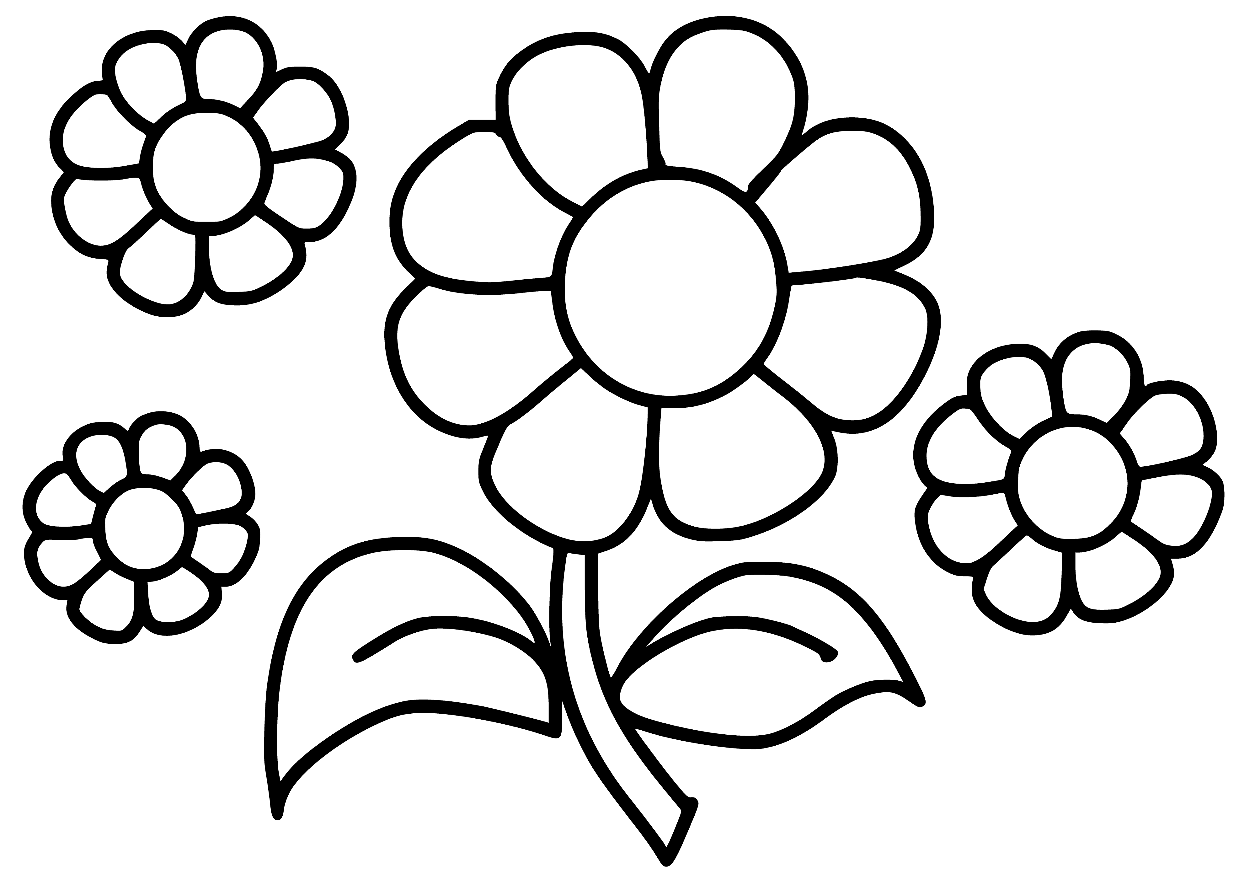 coloring page: Yellow-centered flower with purple petals and green leaves.