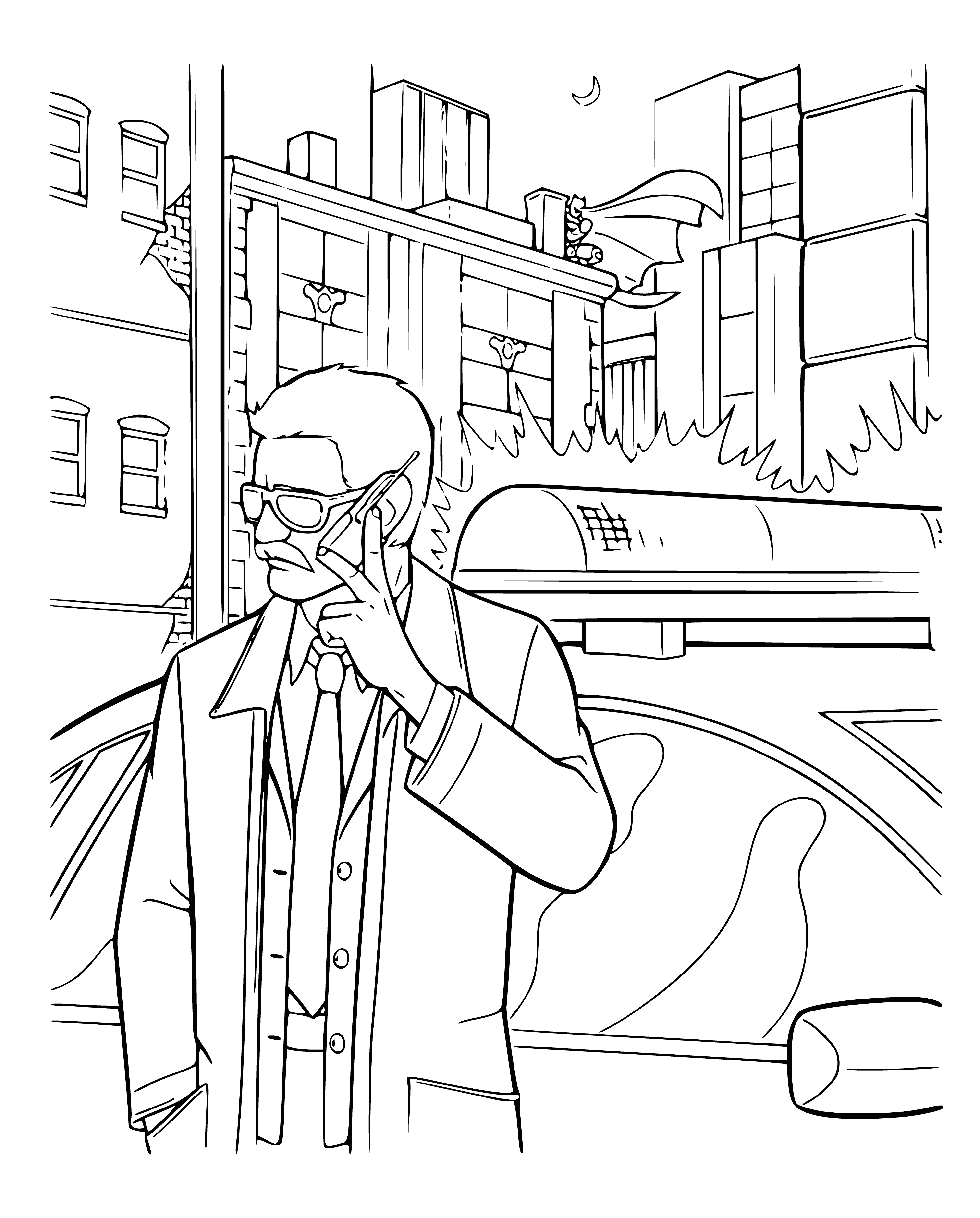 coloring page: Large, muscular man in a room scarred and shirtless, with a dark cape and mask. Holding a razor to shave.