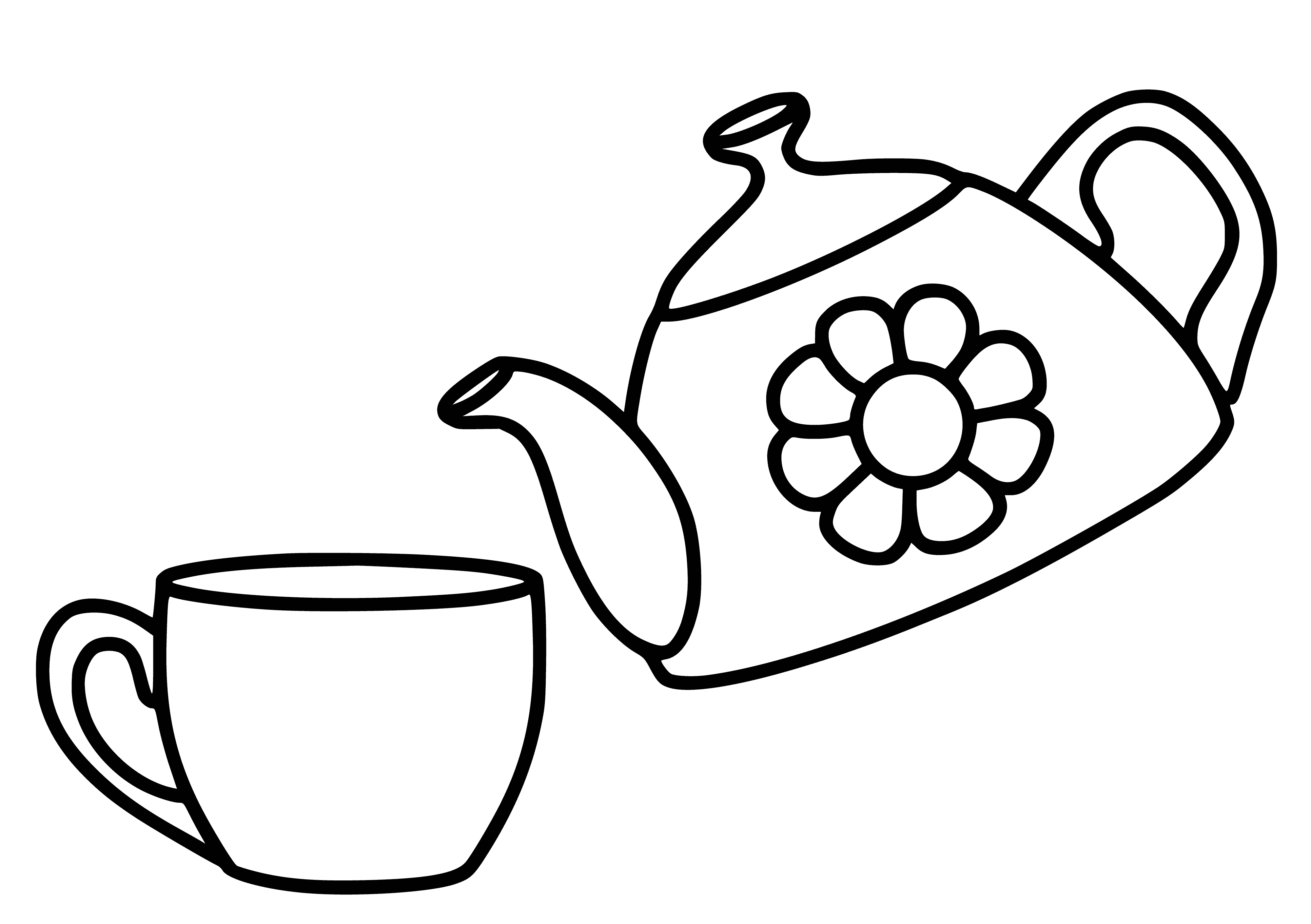 coloring page: Table shows blue teapot & yellow cup w/stars - teapot has 3 blue stars, cup has 1 yellow star. #stars
