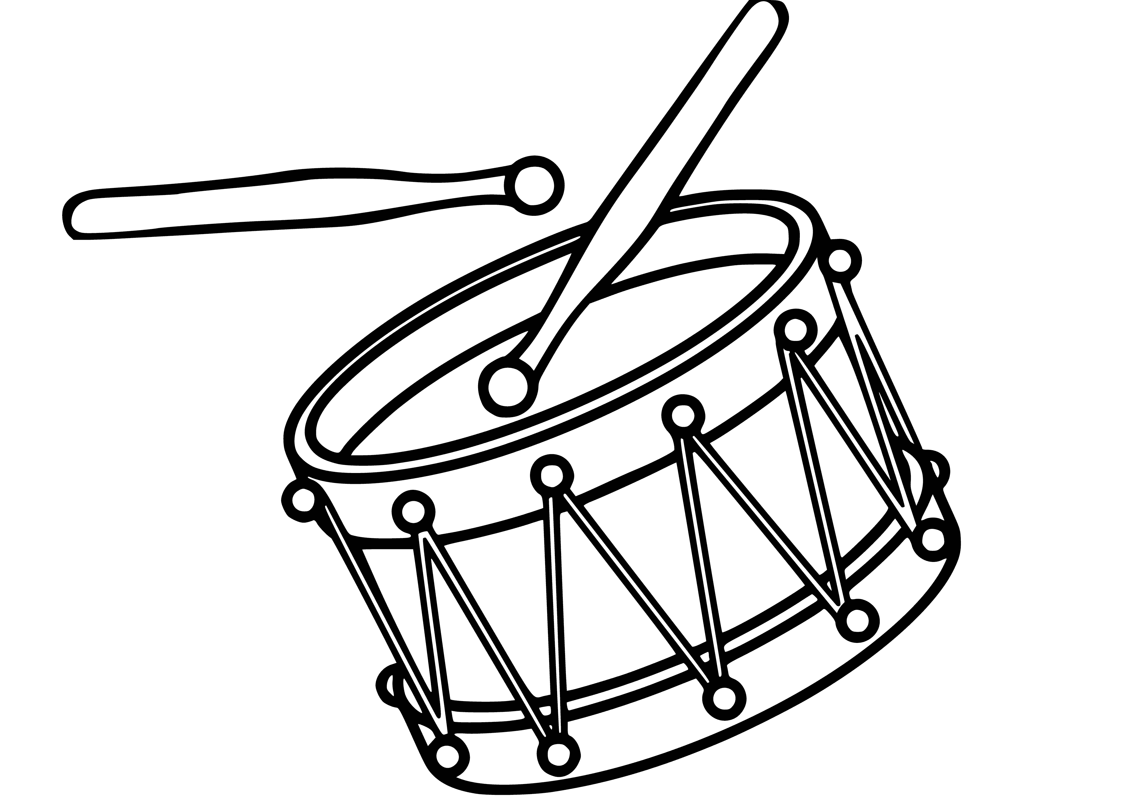 coloring page: A drum coloring page: black circular drum with white circle/square, 2 white lines, 4 black triangles, black line around outside. #coloring