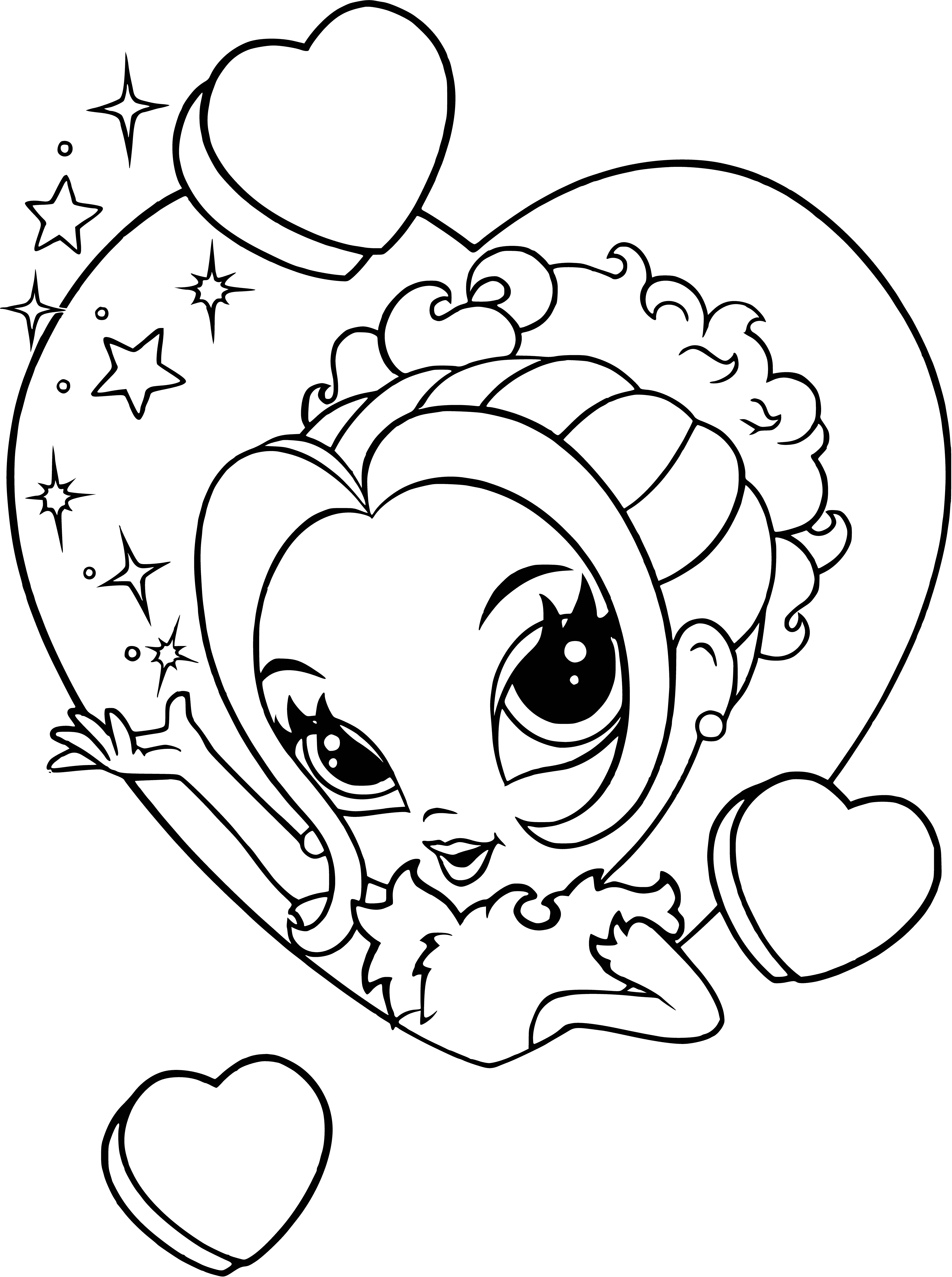 coloring page: Young woman: long, curly hair, bright smile, pink dress, glittery belt, pink purse & shoes.