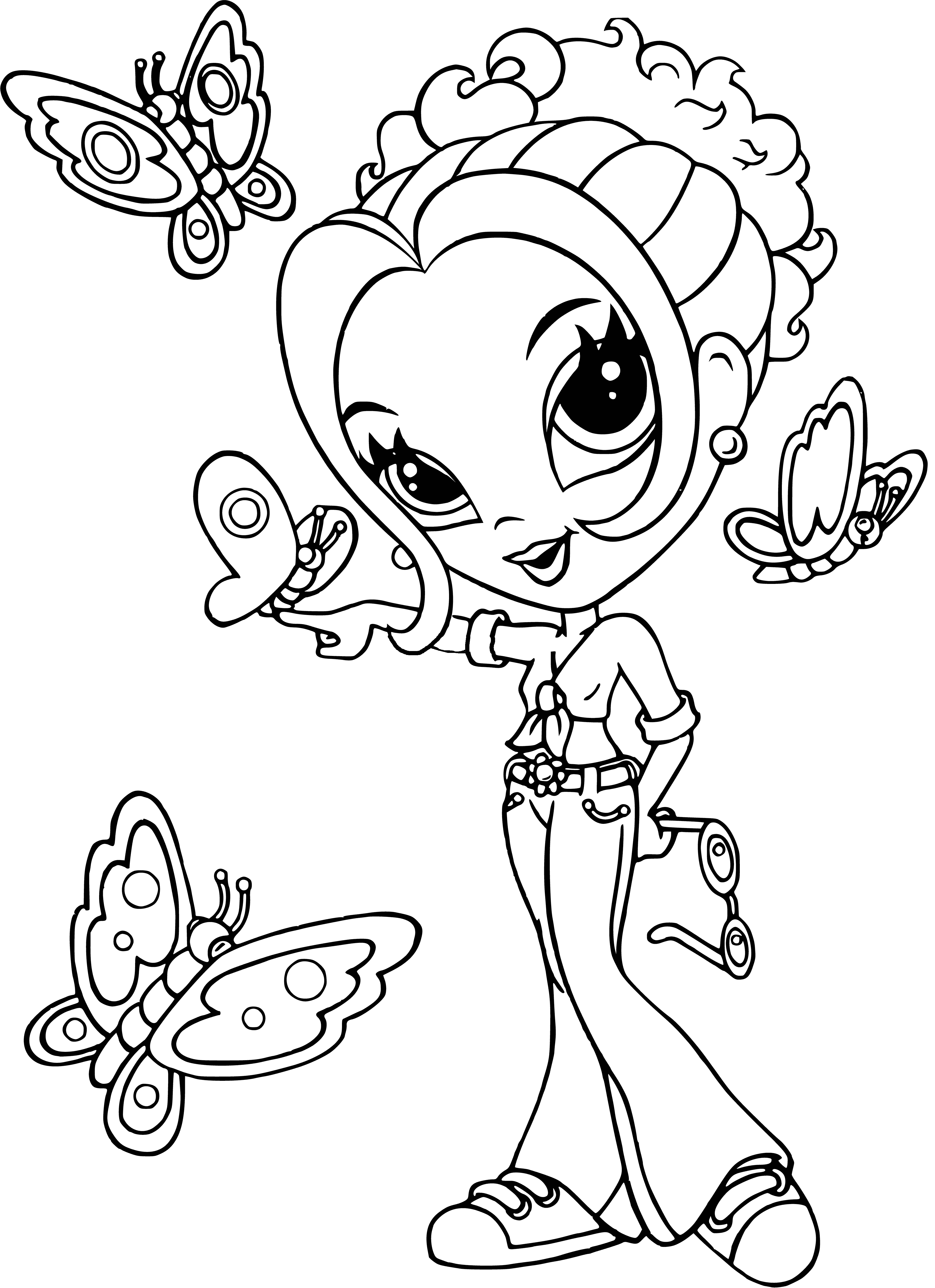 coloring page: Girl with long, blonde hair wearing pink dress with pink flower in her hair, smiling at the camera.