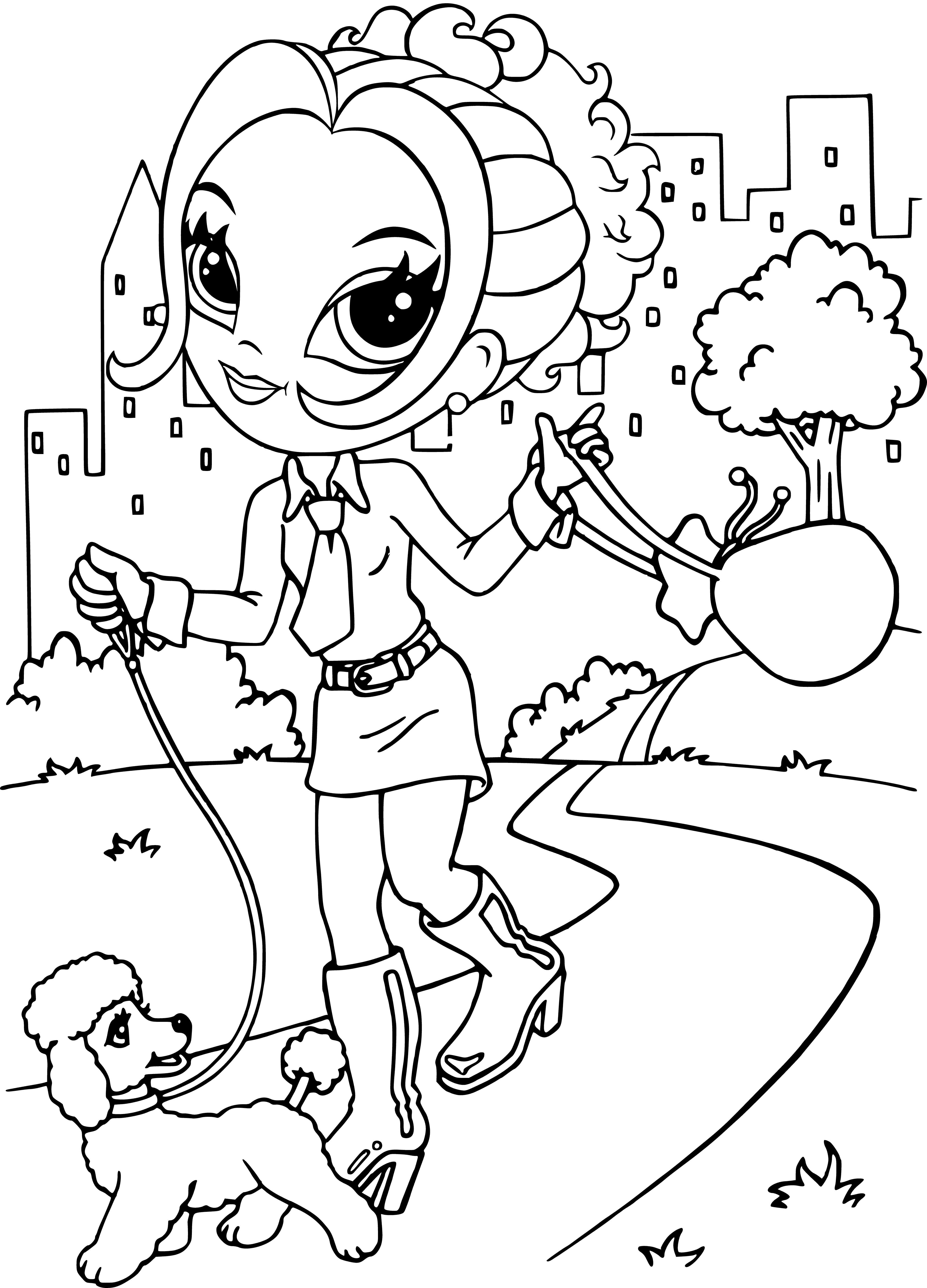 coloring page: Girl admires her long, wavy hair in the mirror while styling it; wearing a pink robe & towel, holding hairspray & brush, with a smiling face.