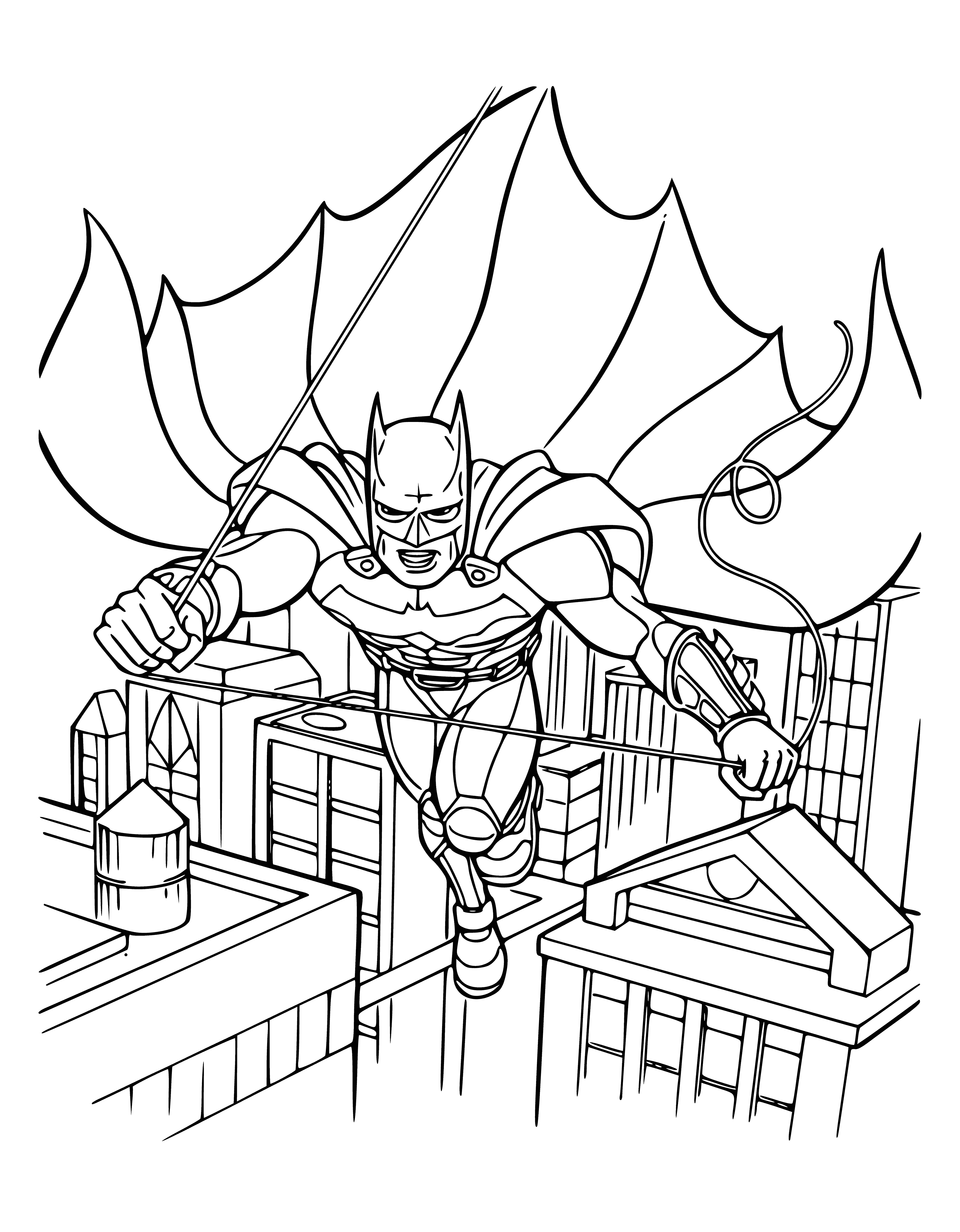 coloring page: Batman is a dark and determined superhero fighting crime in Gotham. He's one of the world's most popular heroes, appearing in comics, movies and TV shows.