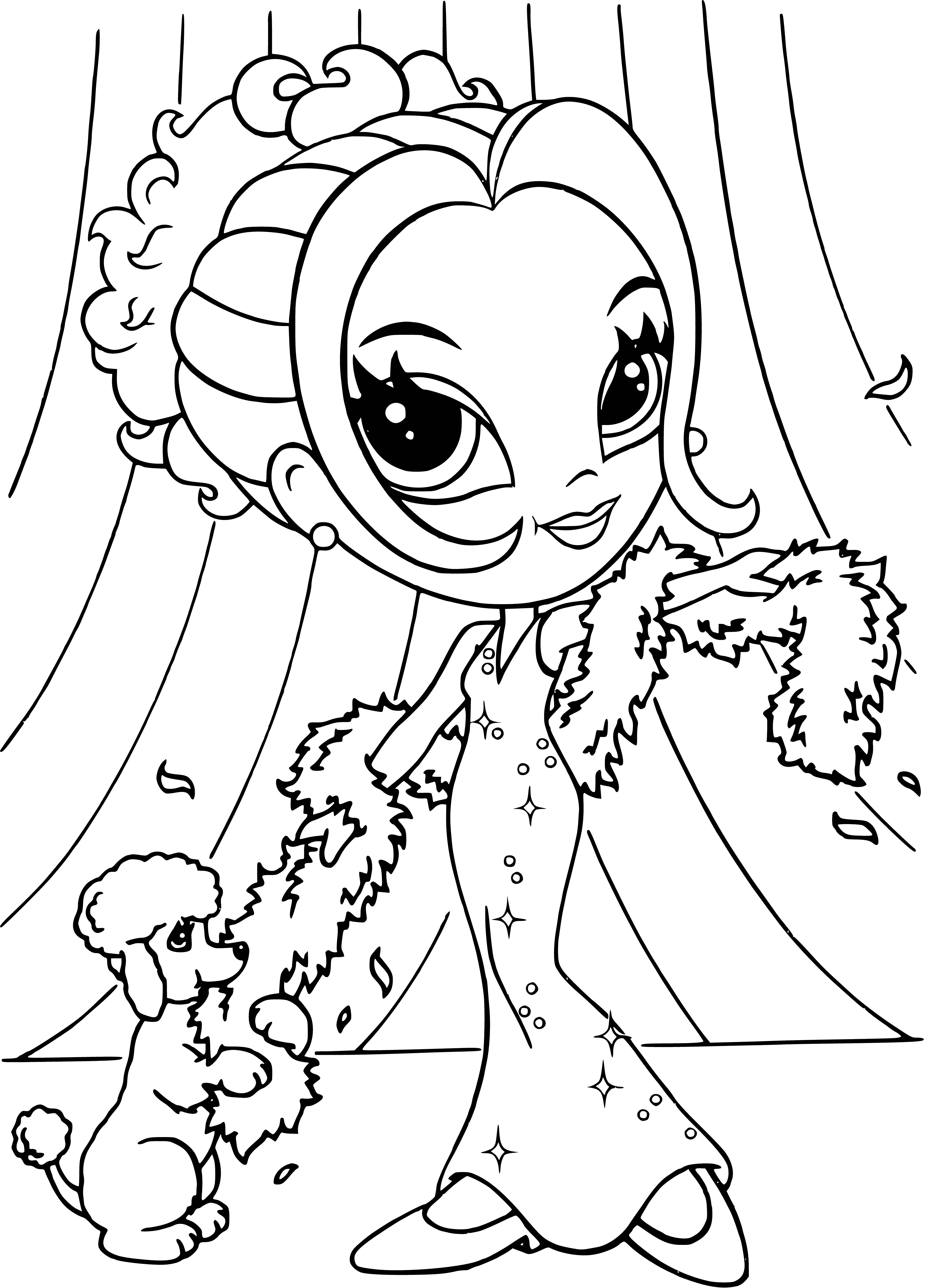 coloring page: Woman in pink robe admiring her full face of makeup in mirror; holding perfume bottle and brush, her hair styled in loose curls. #gettingready