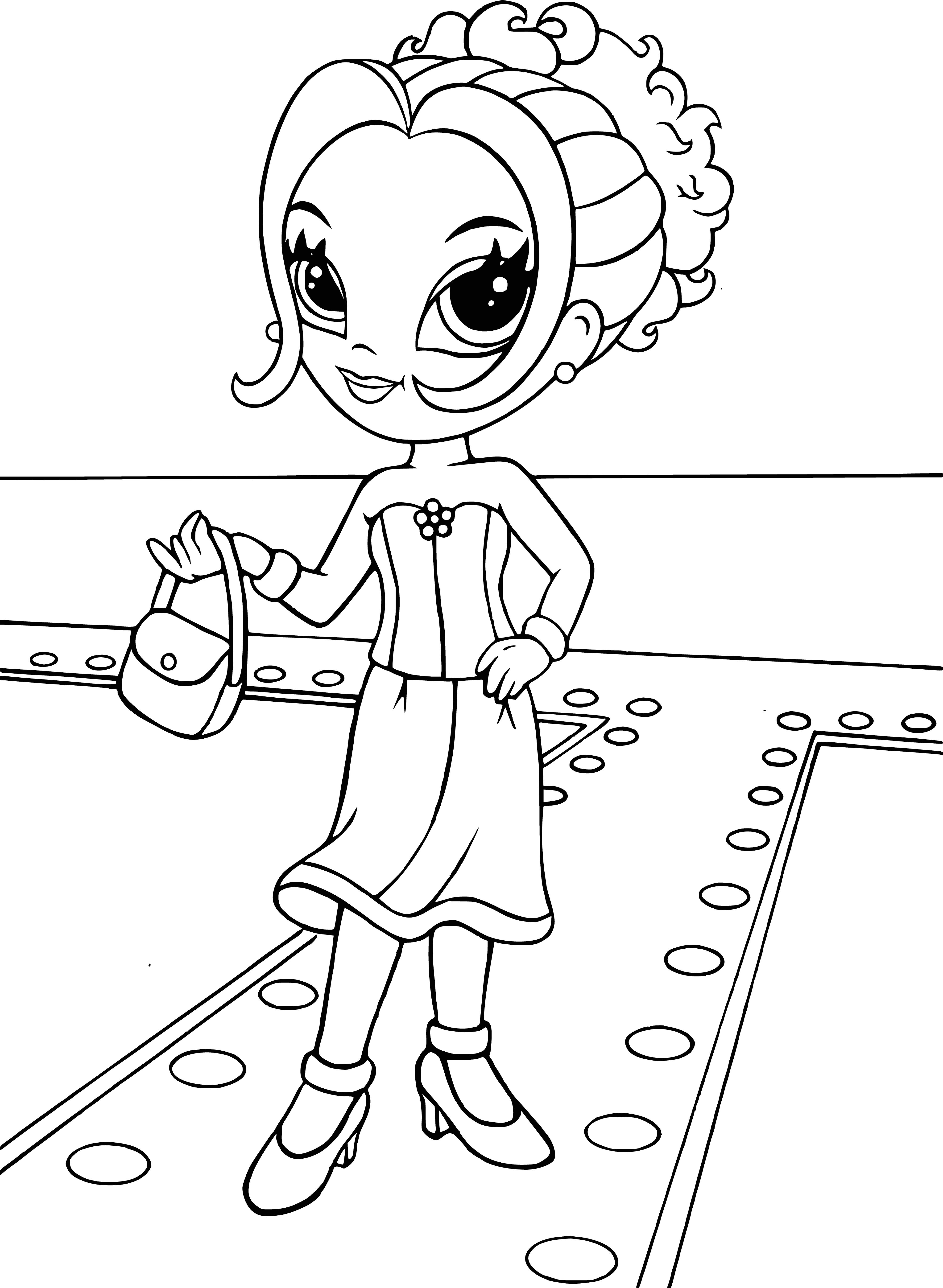 coloring page: Glam girl holds sparkly pink and gold "Lisa Frank Glamour Girl" sign, wearing pink dress with gold belt, pink and gold shoes. Blonde hair, blue eyes. #glamour