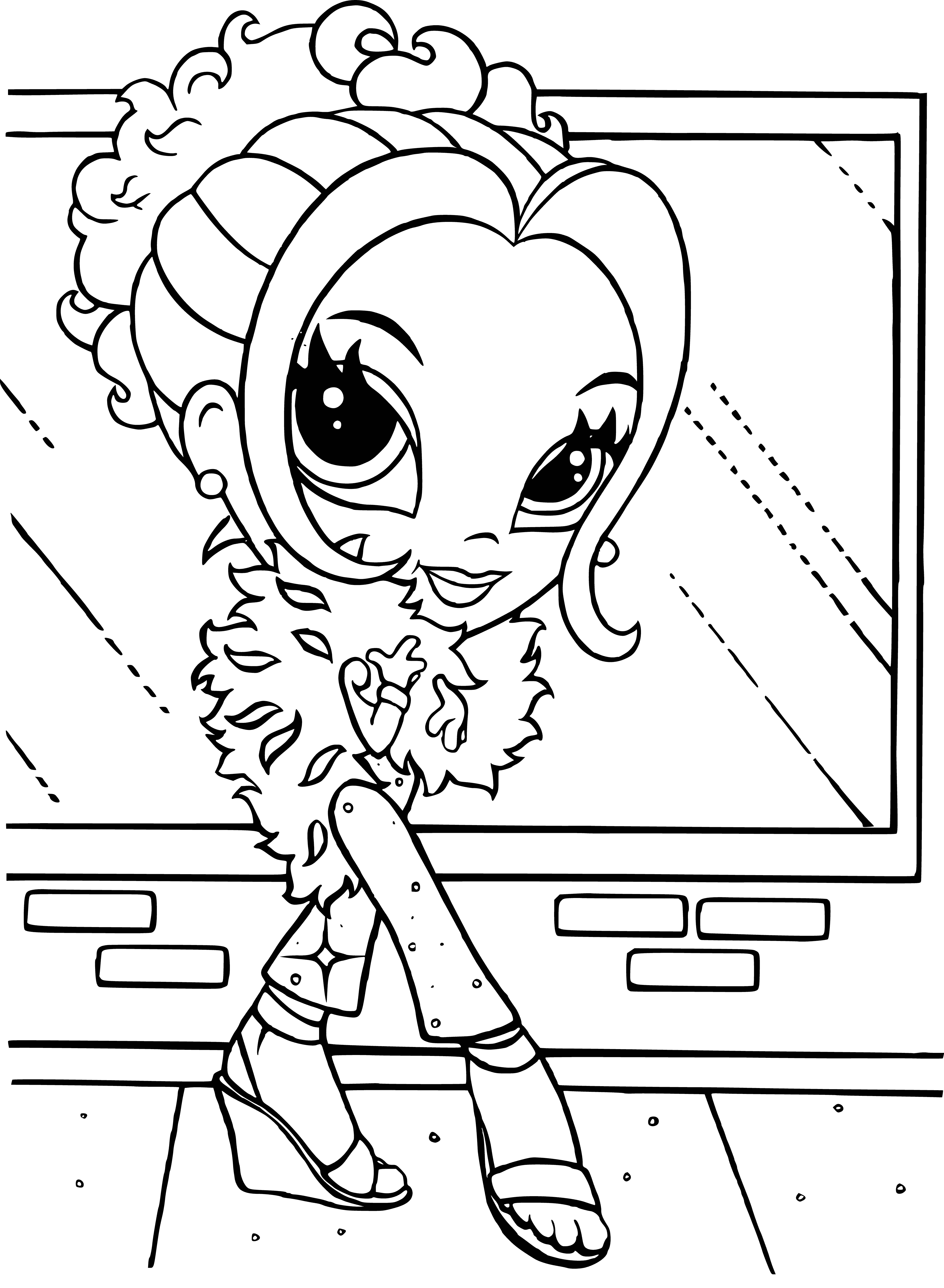 coloring page: Glam girl with long hair wearing pink dress, pink bow and holding flower, the Lisa Frank Glamour Girl. #girly
