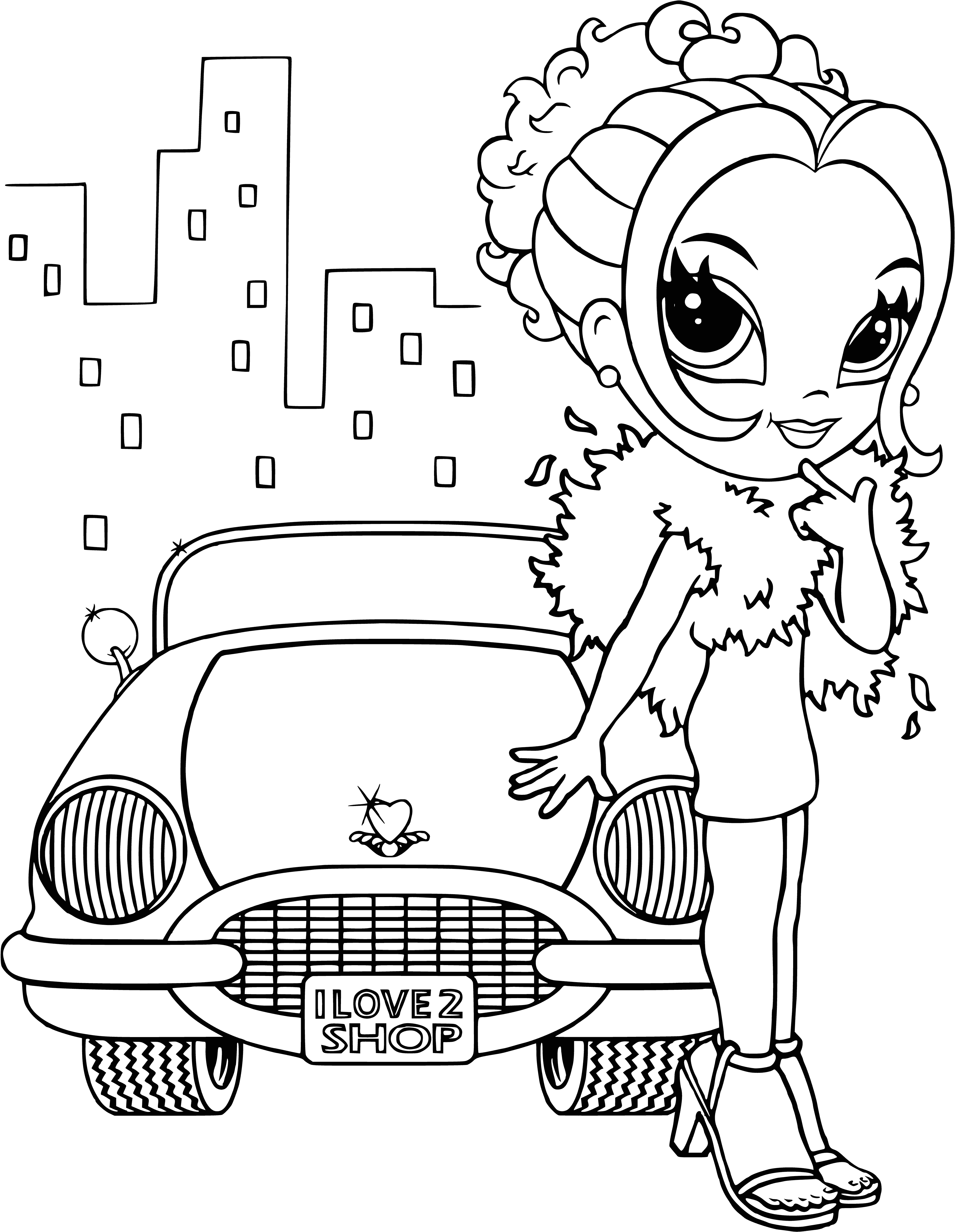 coloring page: Girl in pink dress and white fur-trimmed coat with pink heels and purse, with a white scarf around her neck. An enchanting Lisa Frank Glamour Girl! #coloringpage