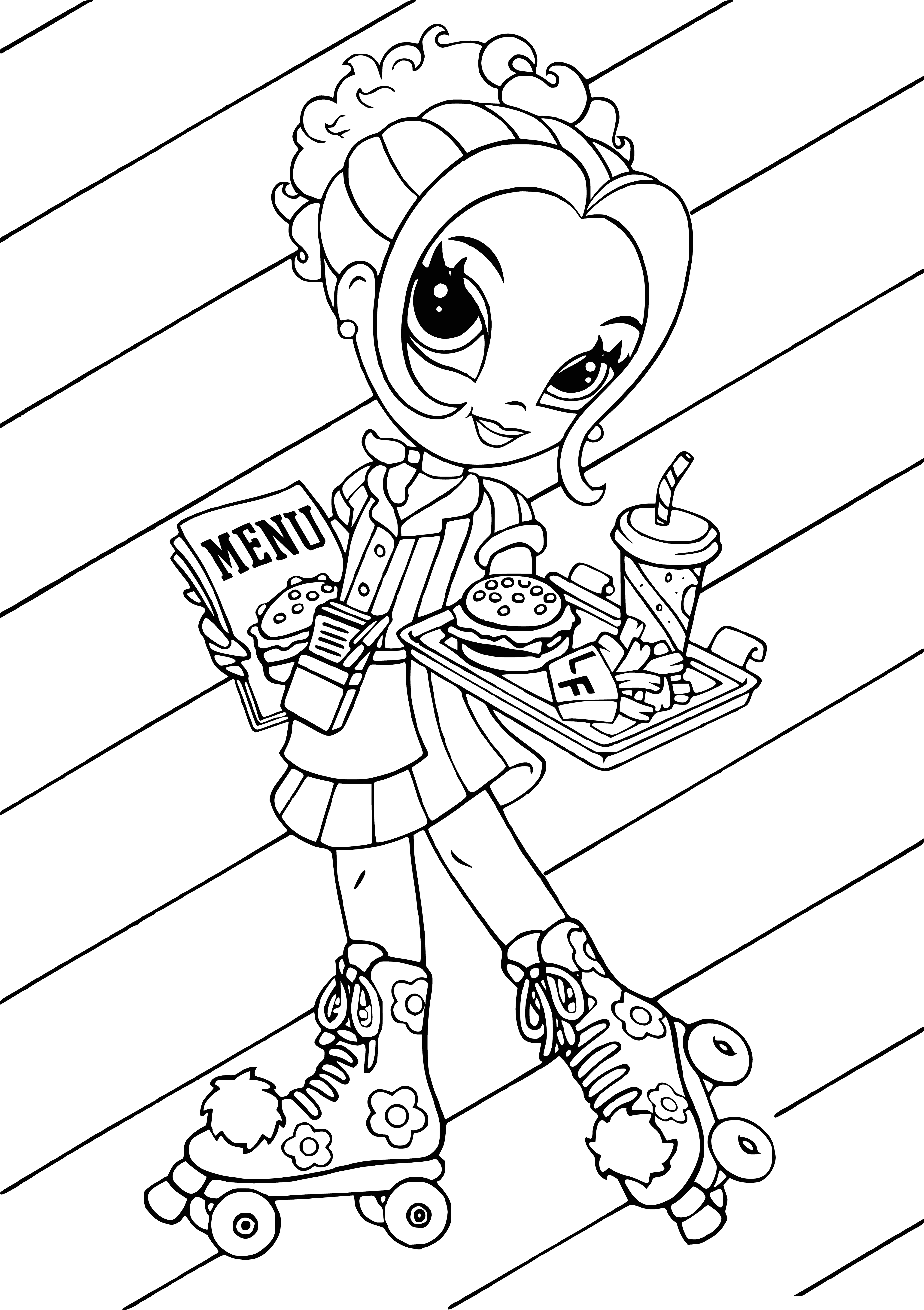 coloring page: Glam girl wearing pink dress with ruffled skirt, elegant updo, and rhinestone necklace. #LisaFrank #Glamorous
