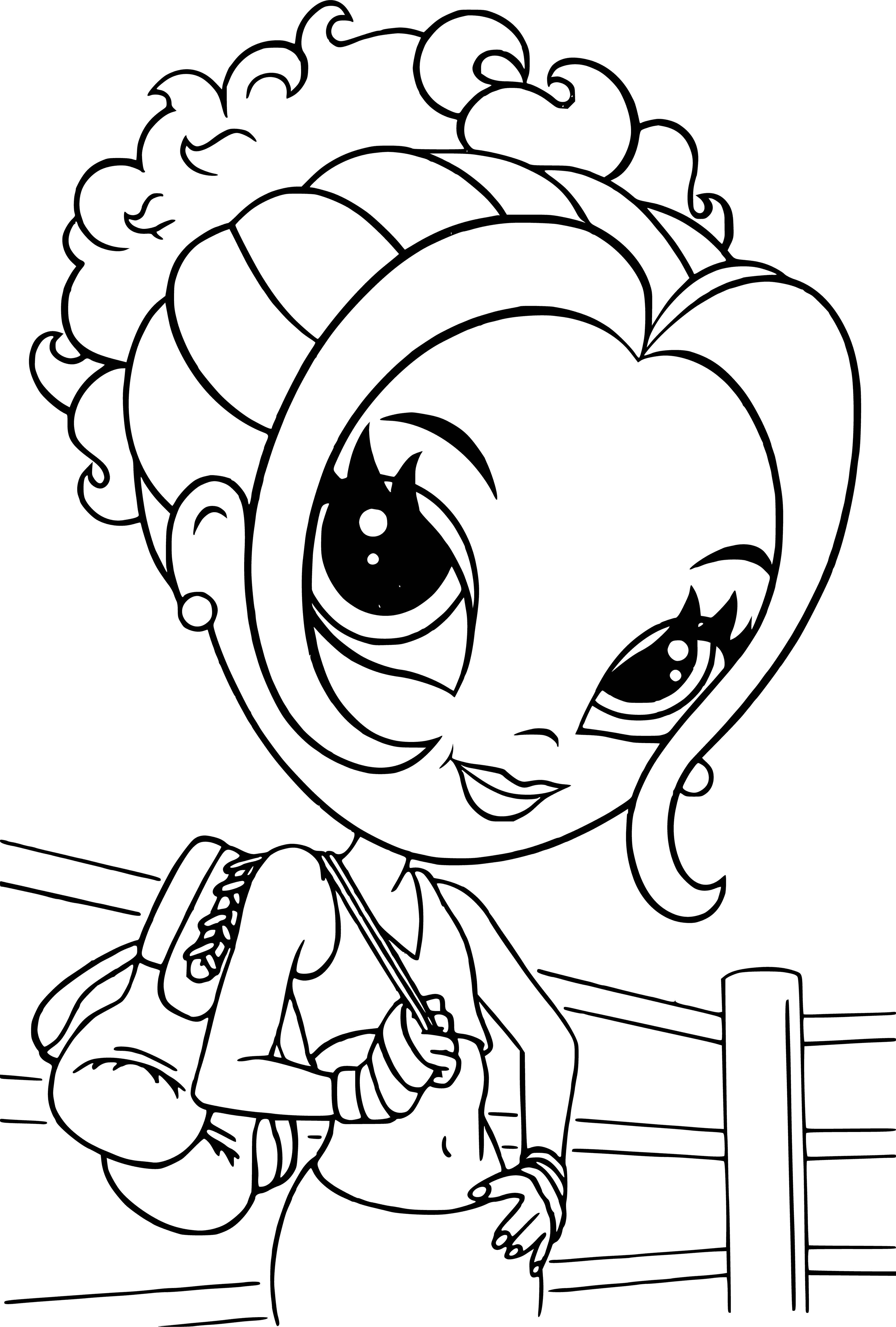 coloring page: Girl admires her outfit in the mirror: pink dress, scarf, purse & sunglasses.