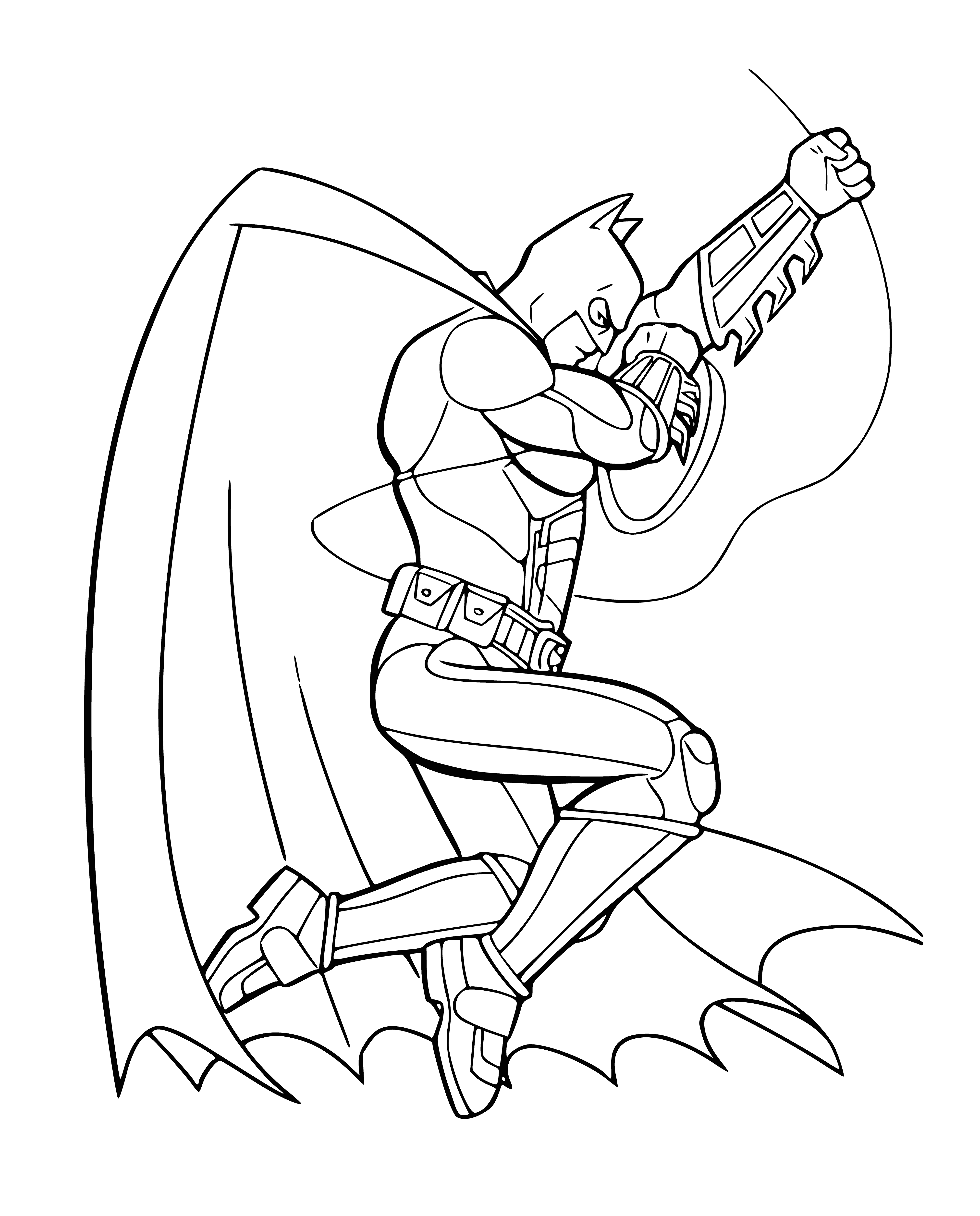 coloring page: Batman: black & grey suit, yellow bat emblem, white eyes, black cape, standing on rooftop at night.