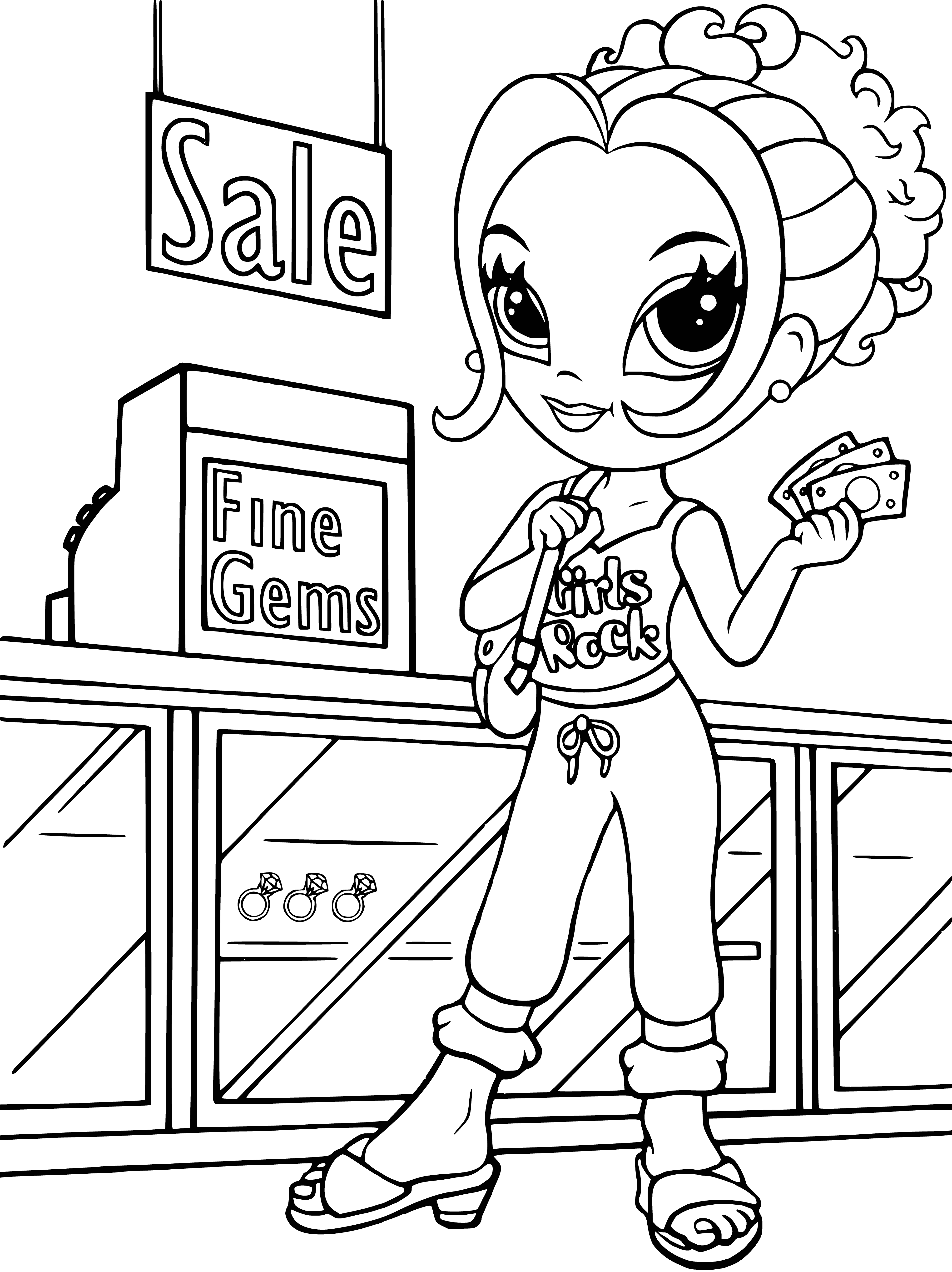coloring page: Girl with blonde hair and blue eyes stands in front of mirror, looking at herself wearing pink dress, bow in hair, holding pink rose and purse.