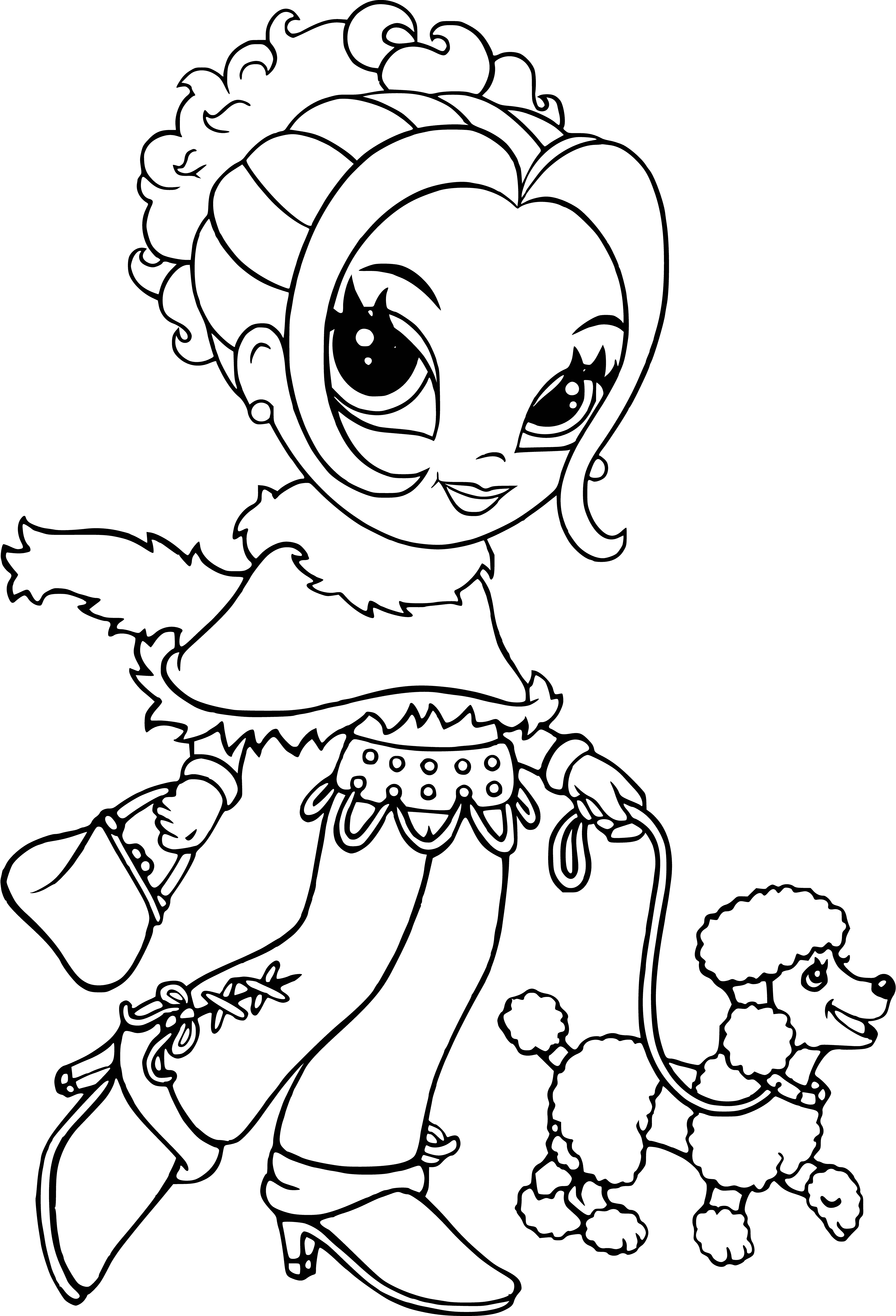 coloring page: Glam girl in a pink dress with long hair, necklace and earrings.