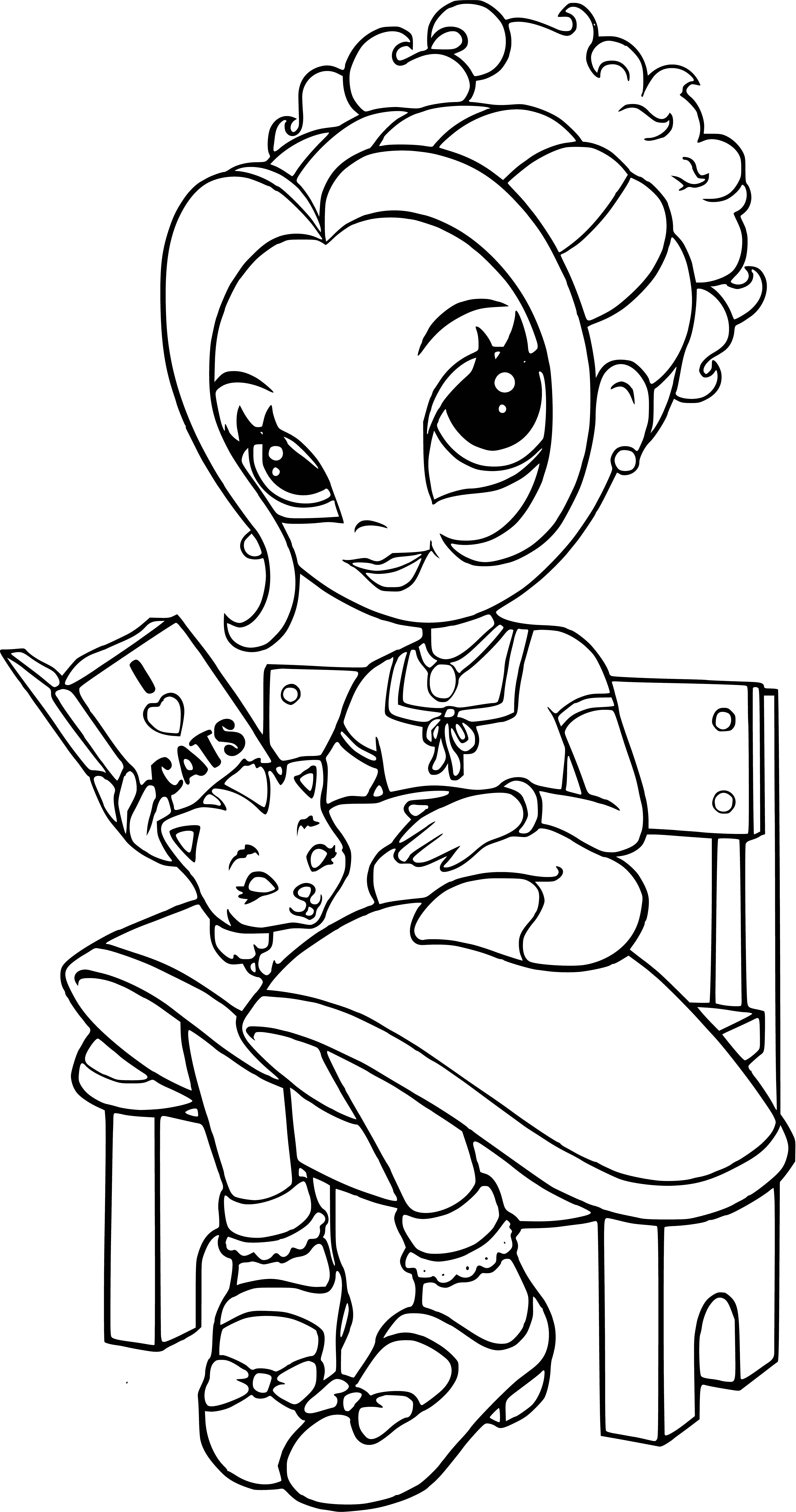 coloring page: Glam girl in sparkling dress with glitzy purse & cellphone, strutting her stuff with big hair & bright makeup.