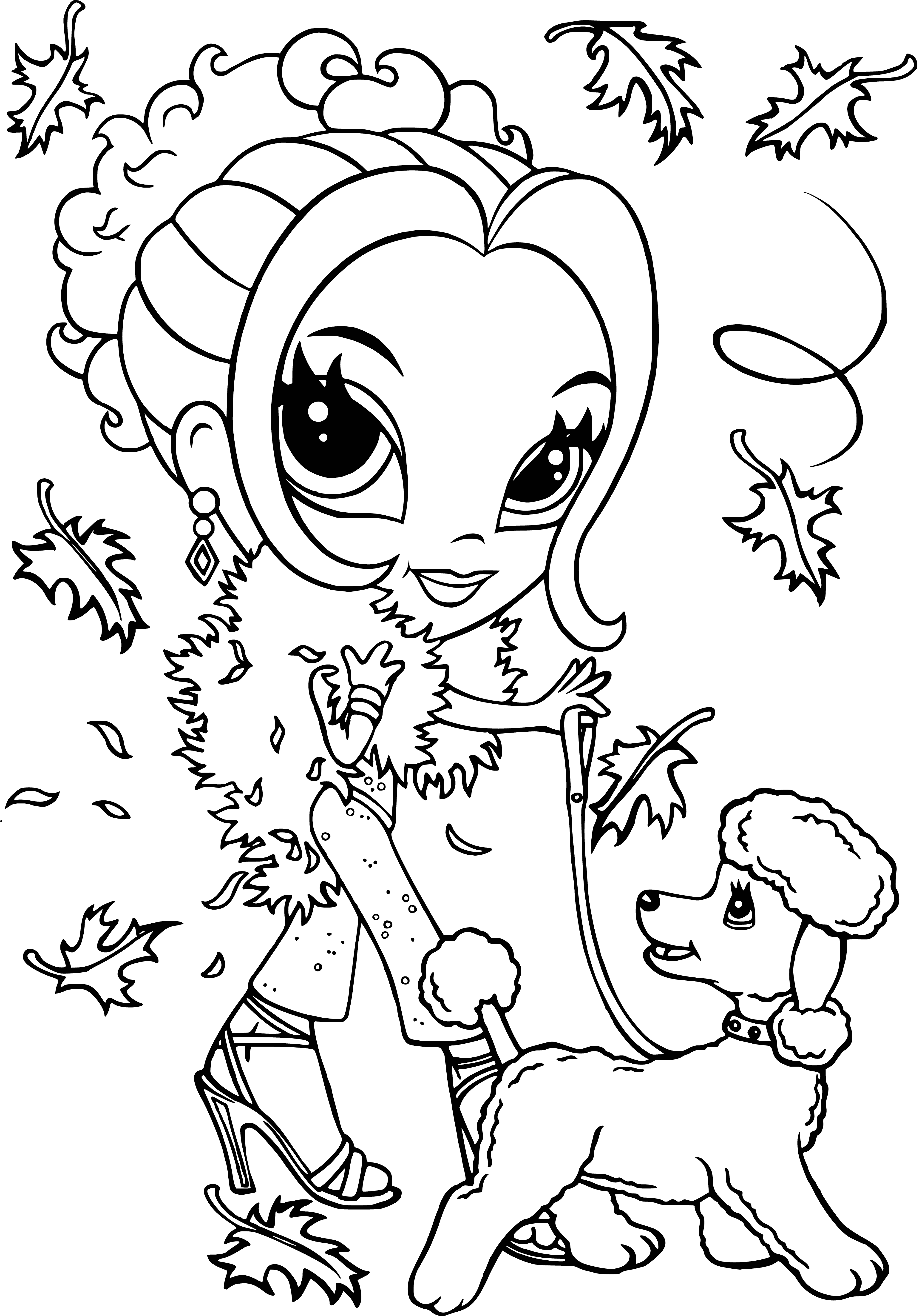 coloring page: Glamorous ALisa Frank glams up for a night on the town, with a sophisticated updo, perfect makeup, gorgeous dress and high heels.