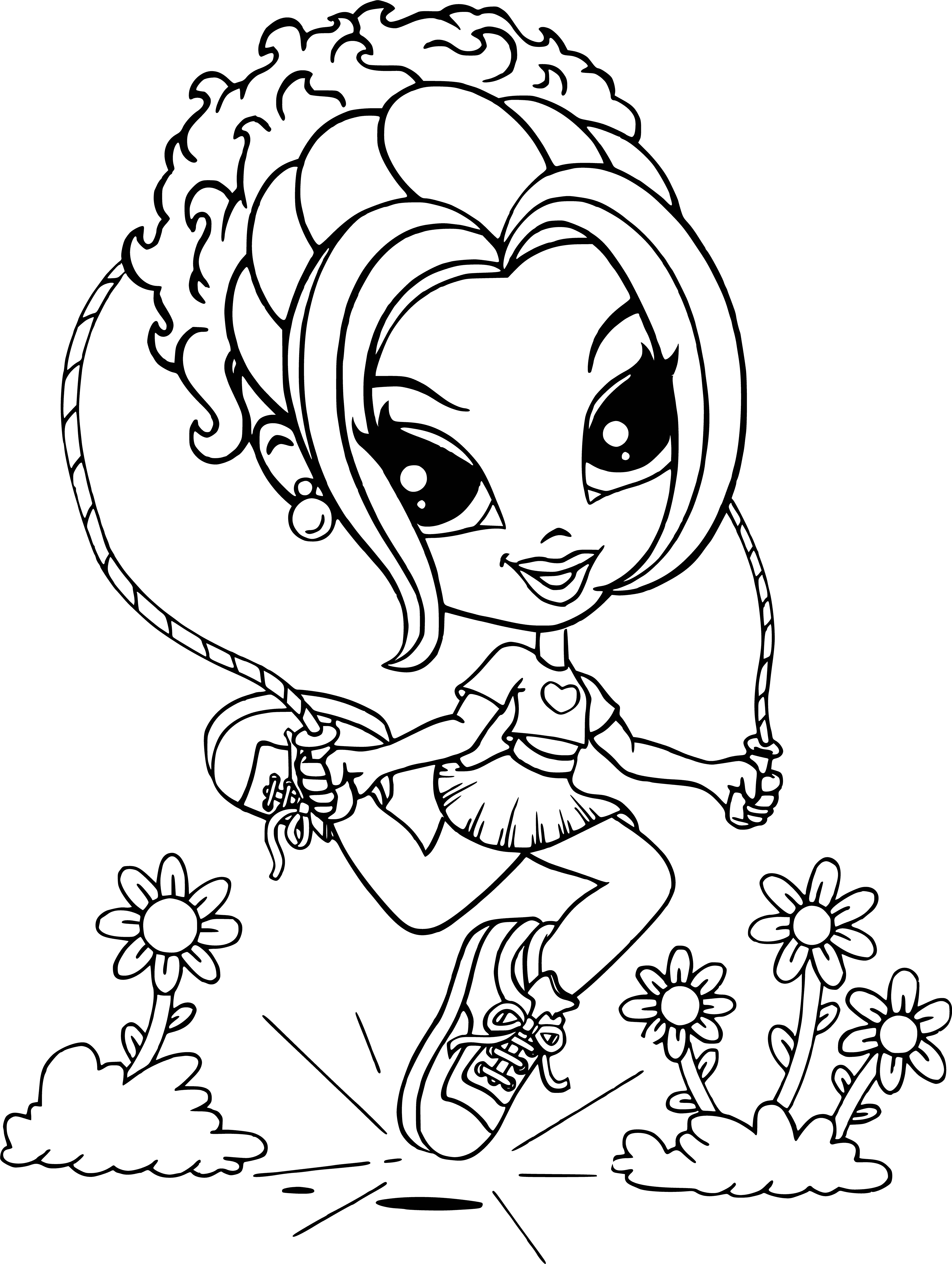 coloring page: Young woman in pink dress, wavy hair and feathered boa seductively gazing with black eyeliner and lips, large hoop earrings.