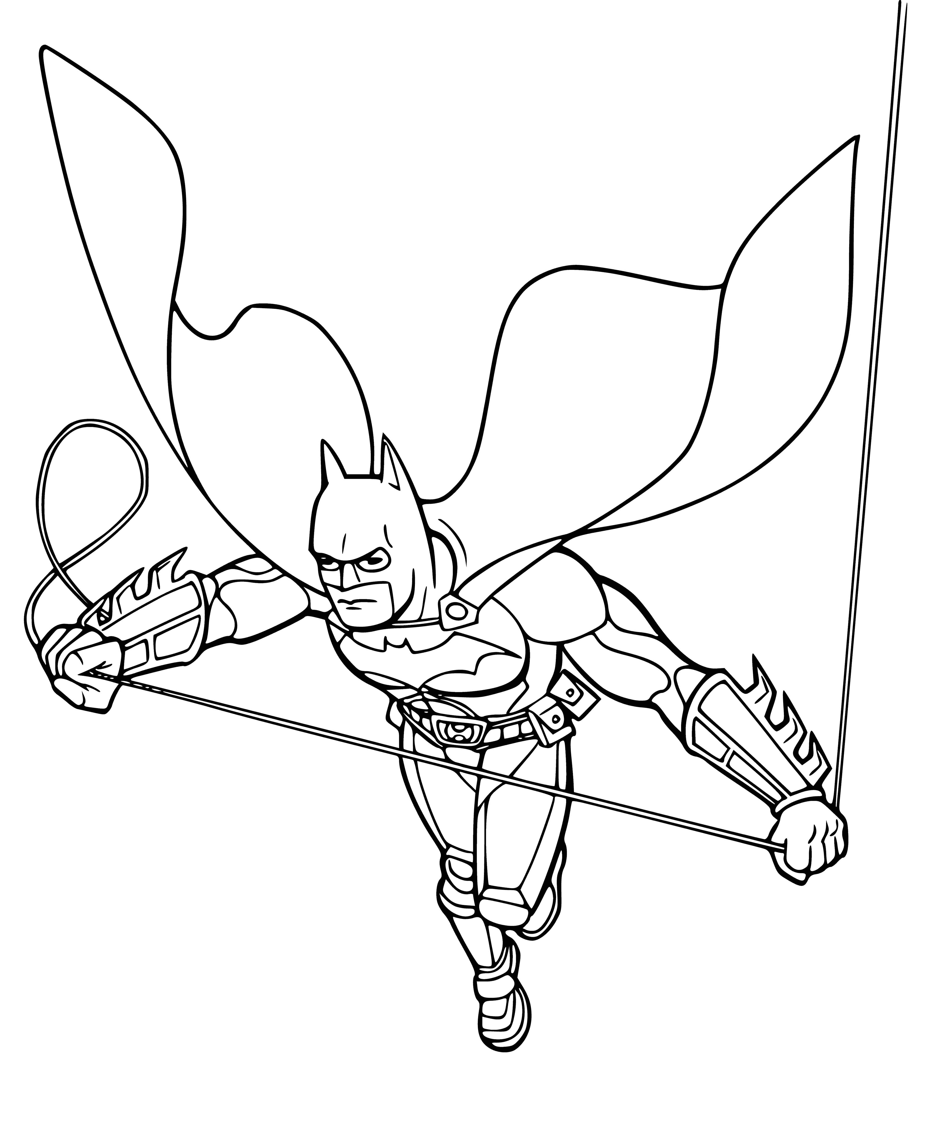 coloring page: Batman stands on a rooftop, arms crossed, determined to protect Gotham from crime. In the background, tall buildings and a full moon fill the cityscape.