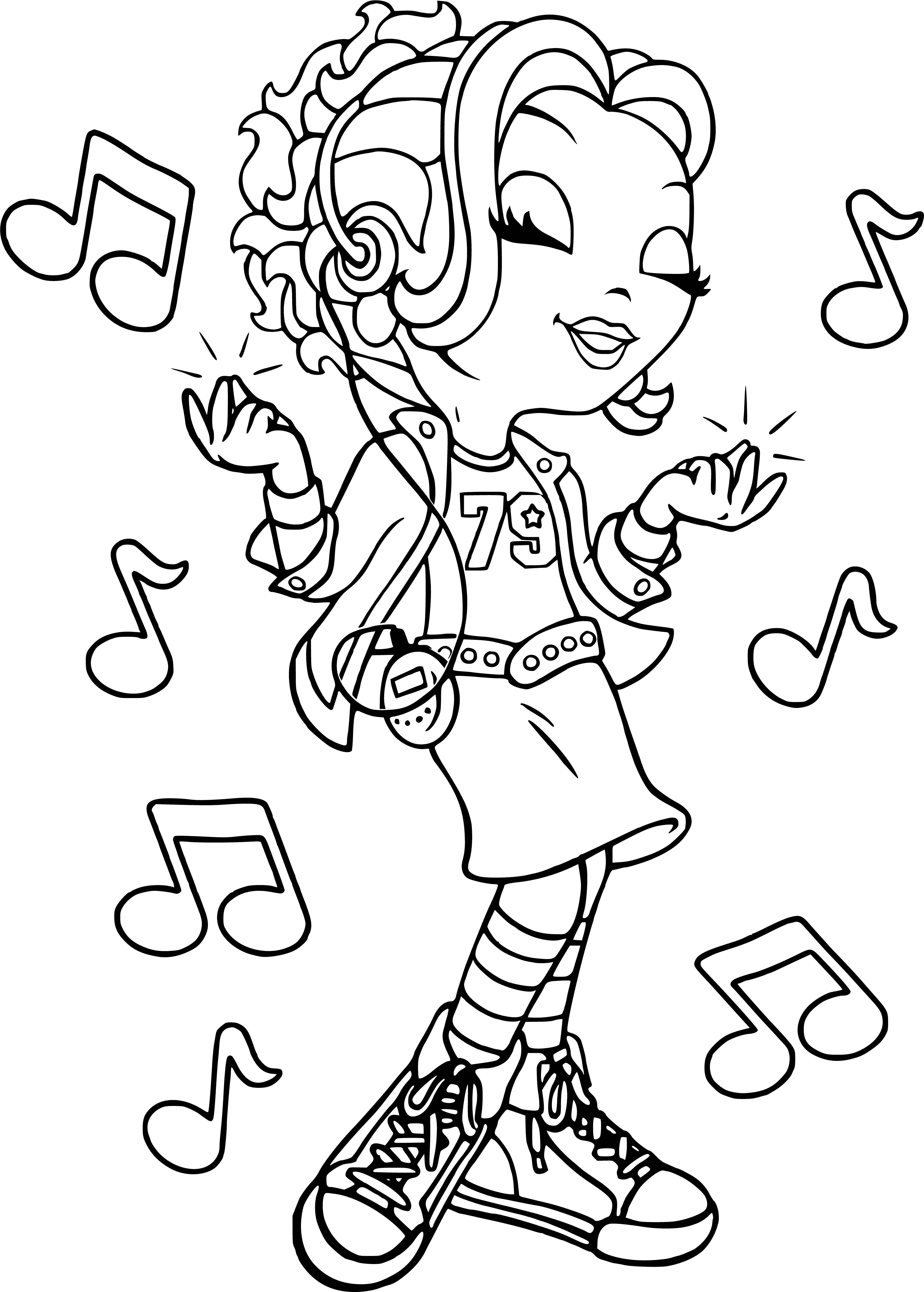 coloring page: Girl in pink dress with polka dots, ribbon, purse looking at herself in mirror.