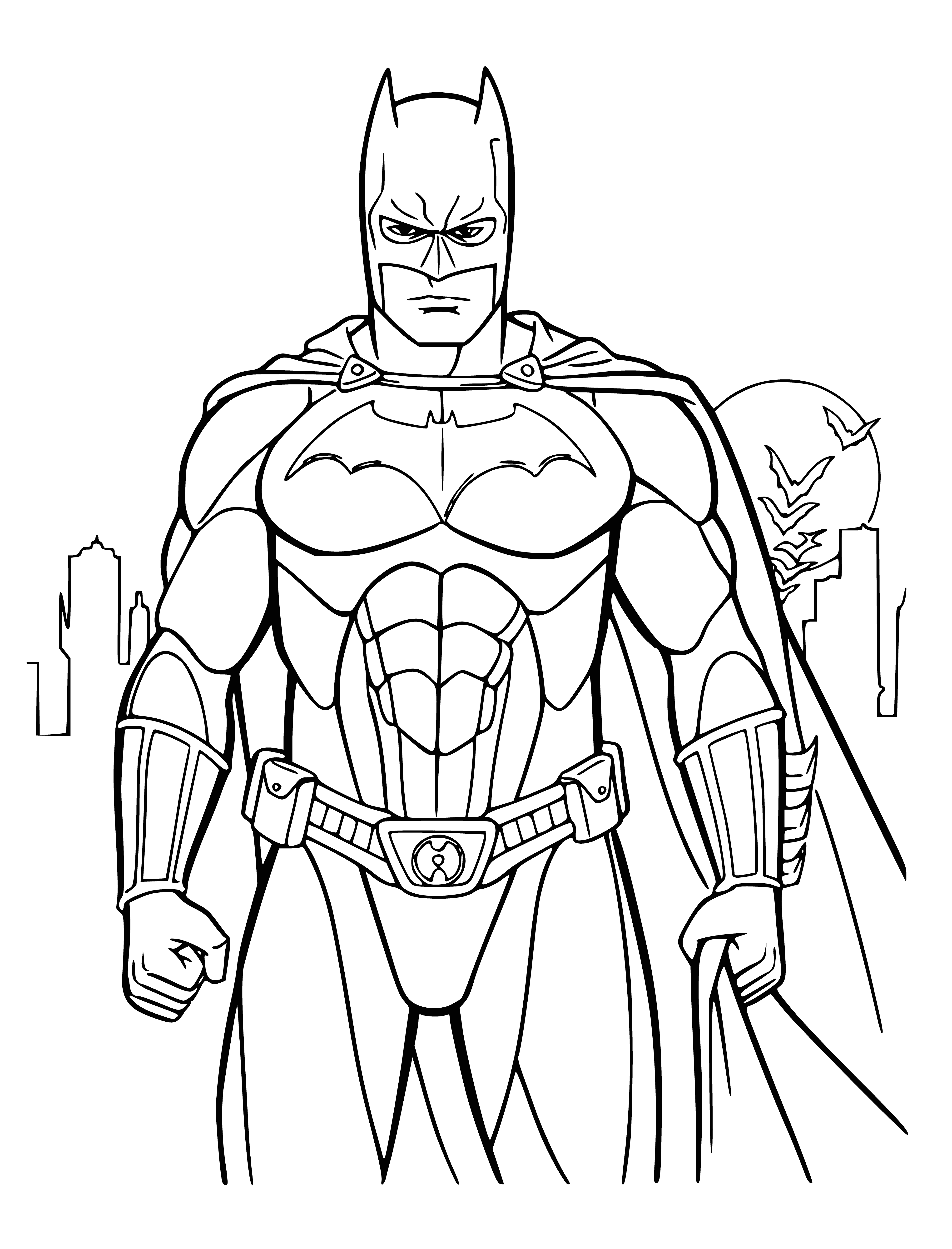 coloring page: Dark-cloaked figure in shadows stands on a rooftop, city skyline behind and the Bat-Signal shining in the distance.