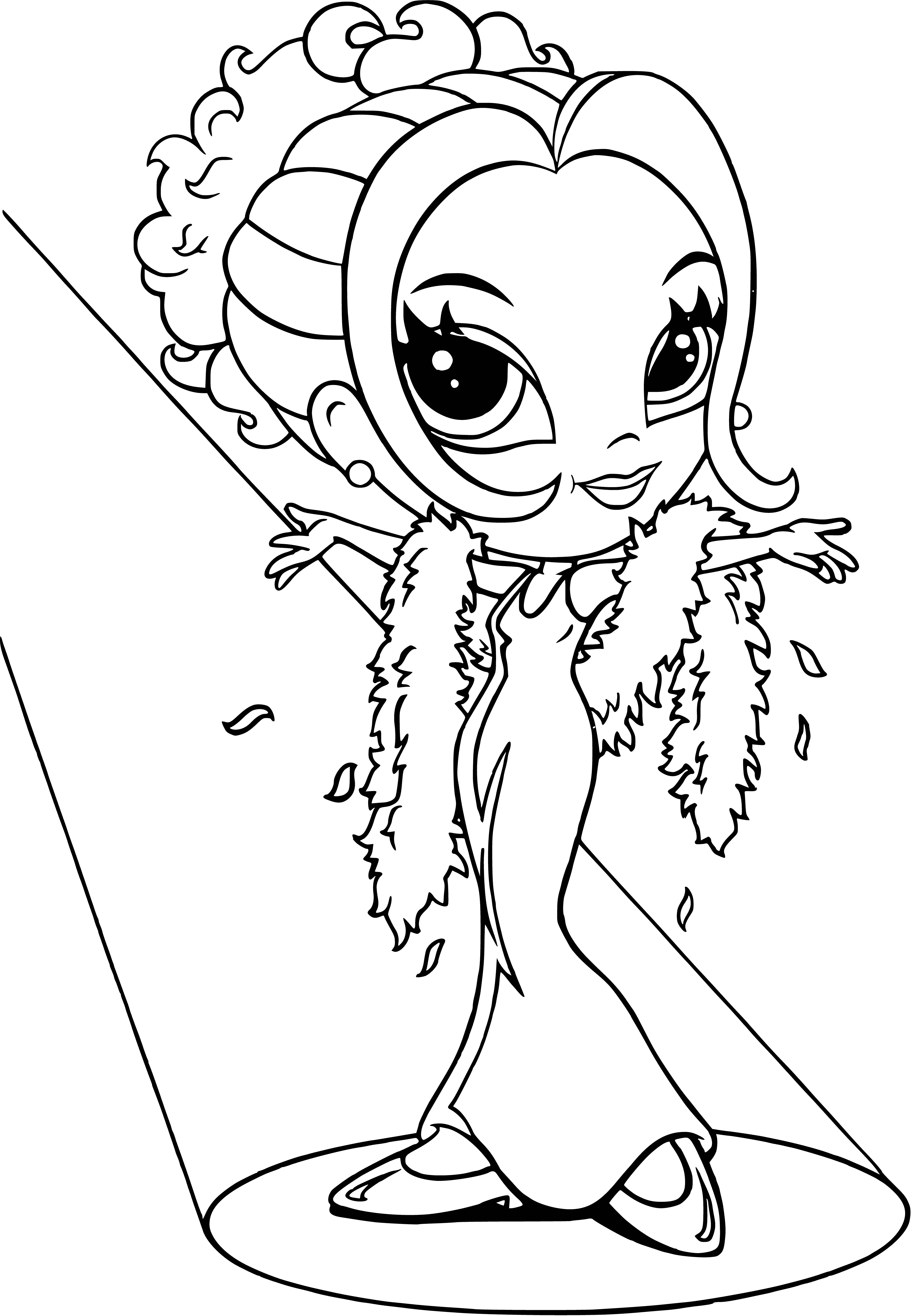 coloring page: Glam girl in pink dress holds a fan. Hair up in bun, earrings, necklace & bow. Ready for a glamorous night out!