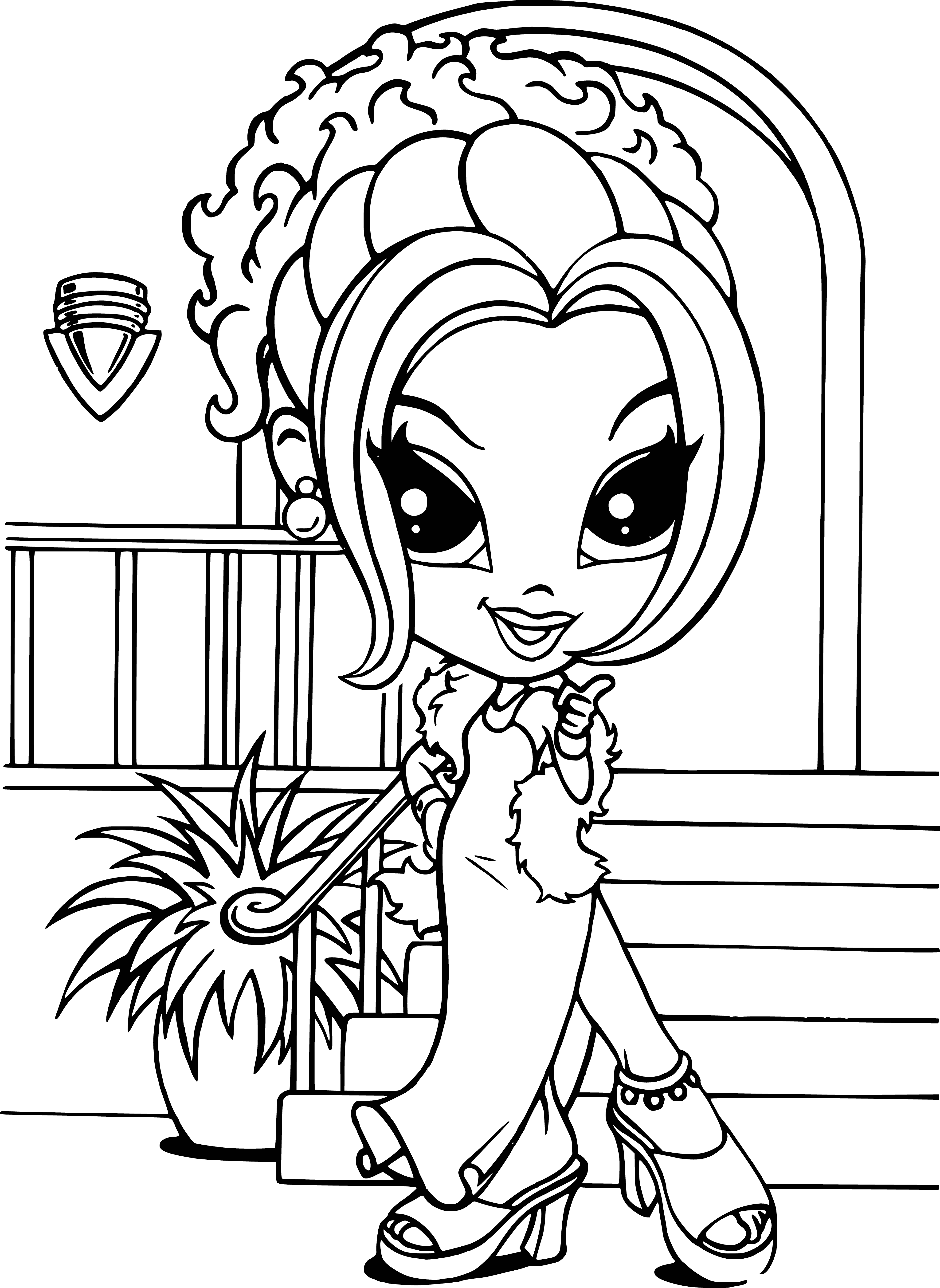 coloring page: --> Glam girl stands ready for fun night out w/ long, flowing hair & sparkly dress aglow on glittering background!