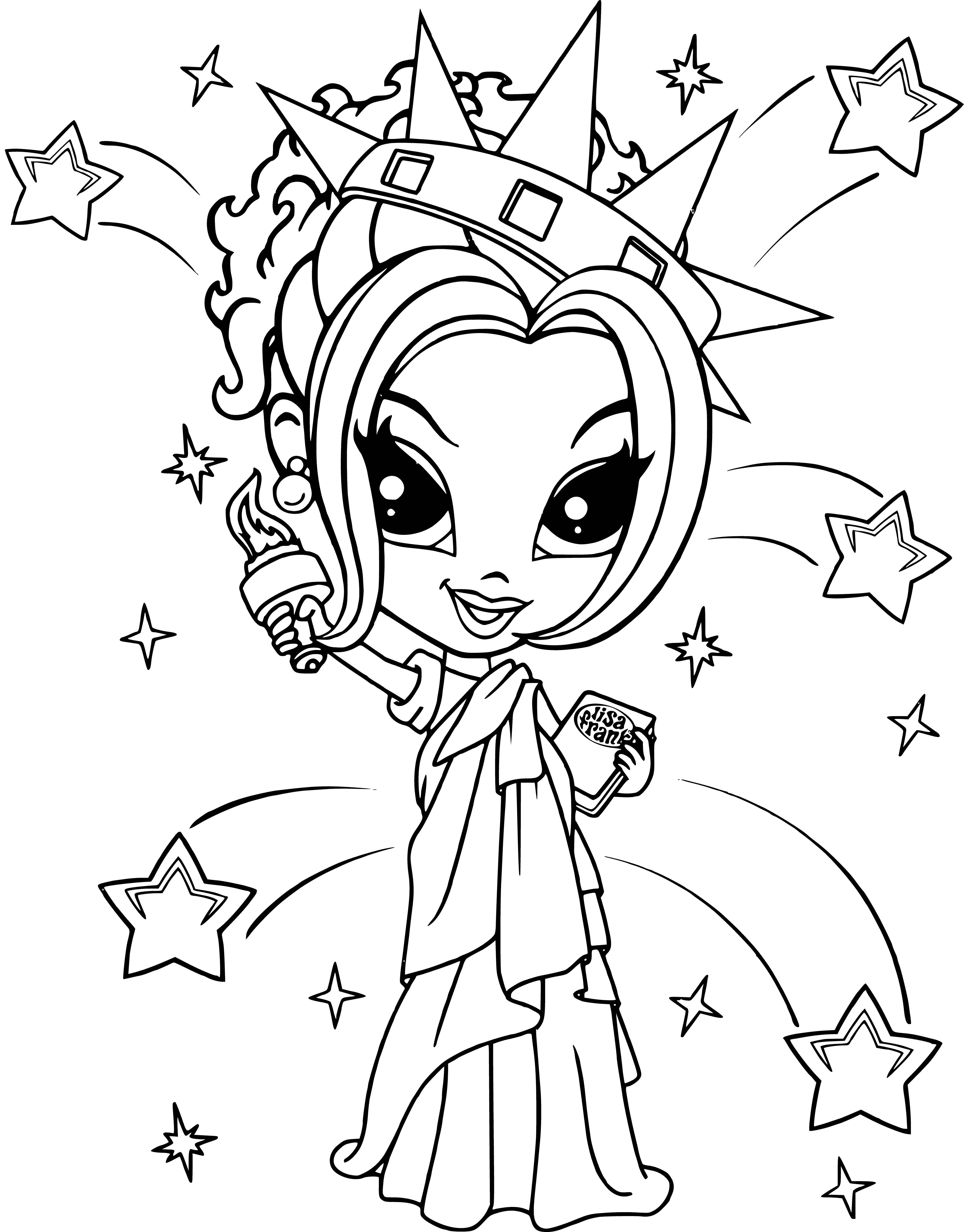 coloring page: Girl in pink dress and purple jacket, string of pearls, looking over shoulder and holding a pink purse.