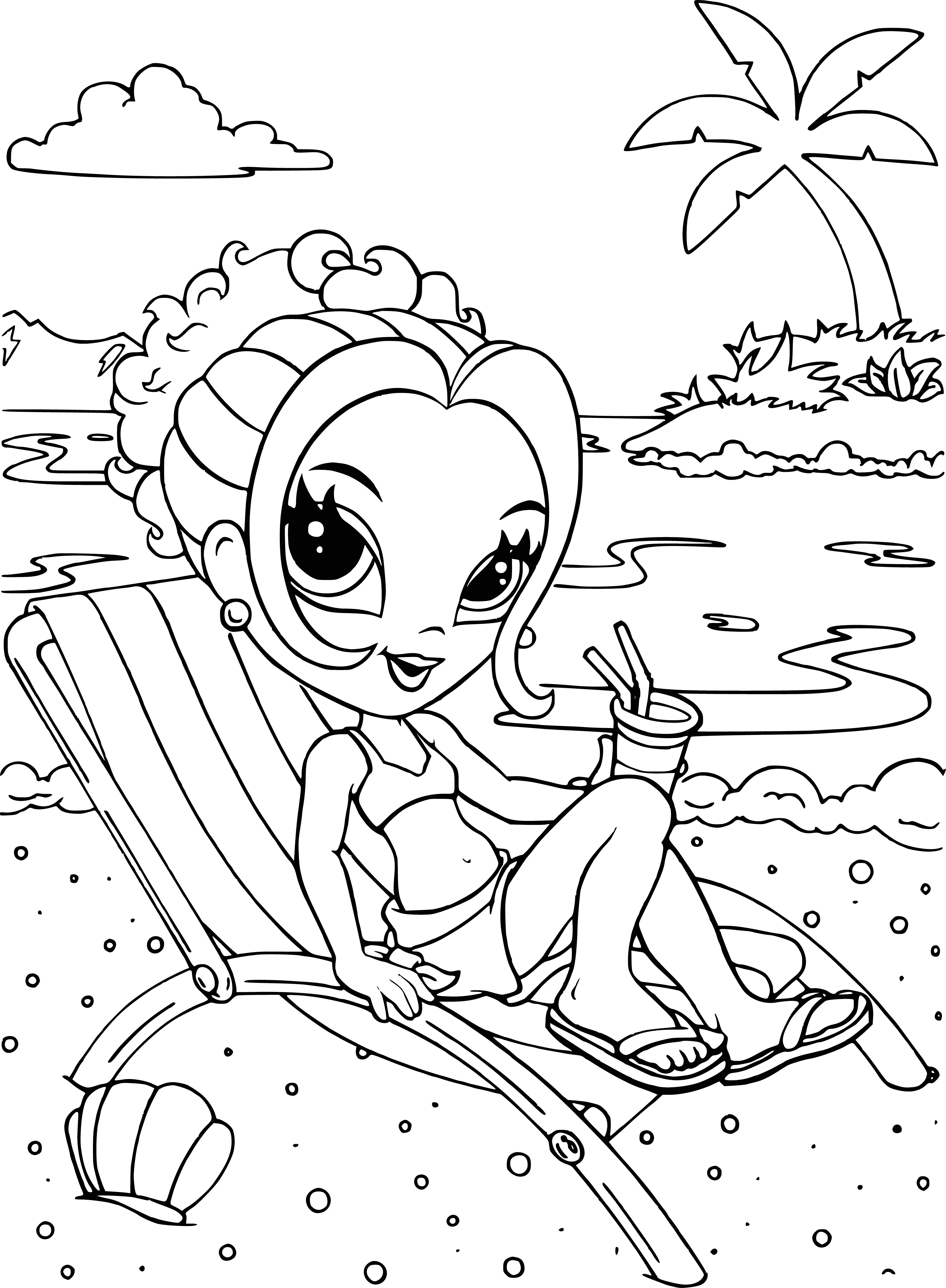coloring page: Glamorous Lisa Frank girl: blonde hair, blue eyes, pink lips. Wearing white dress, black bowtie, furry stole. Holding parasol, tiara, standing in front of pink/black butterfly.