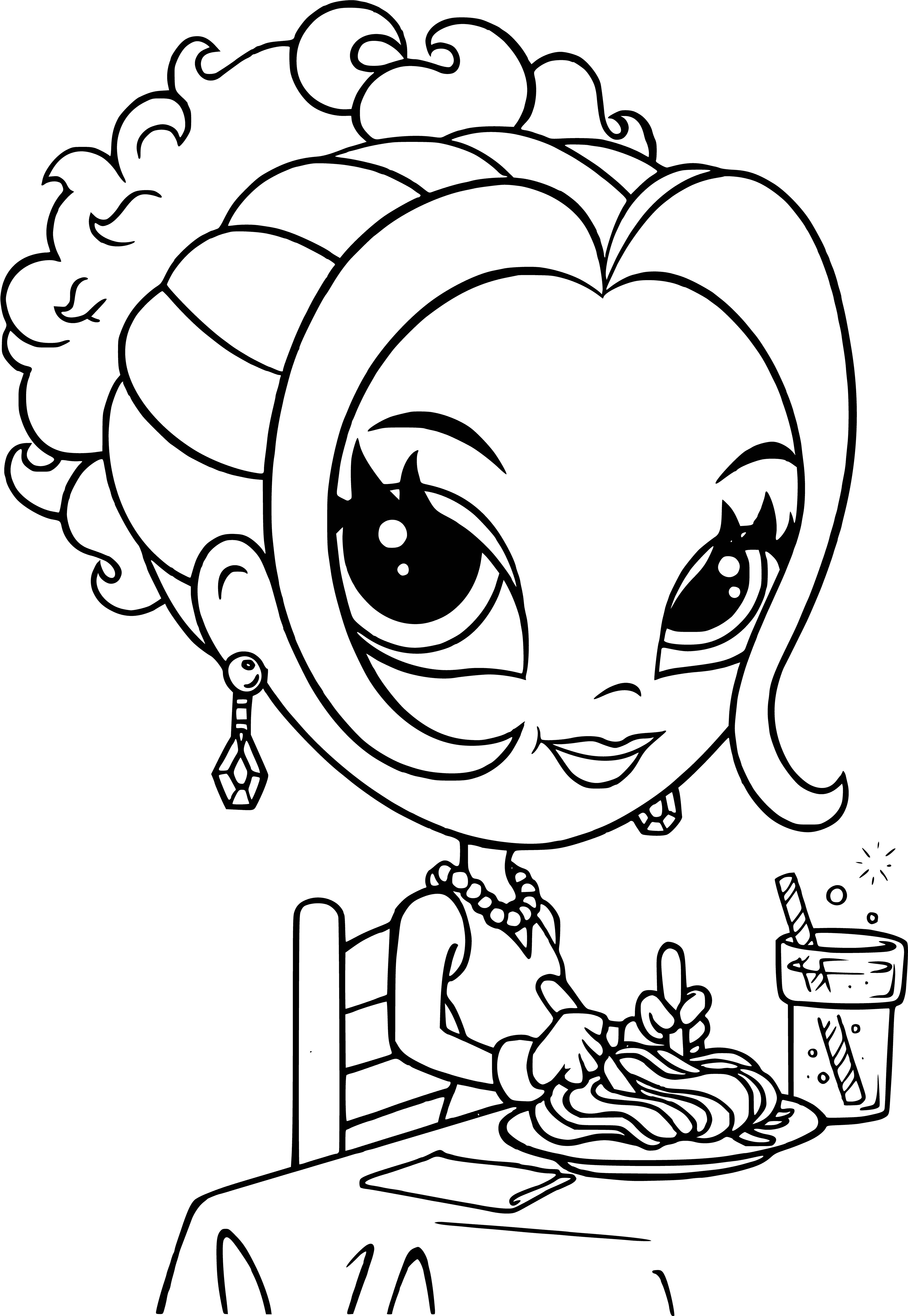 coloring page: Girl with crown, long pink dress & glittery design holding pink umbrella & bag against background of stars.