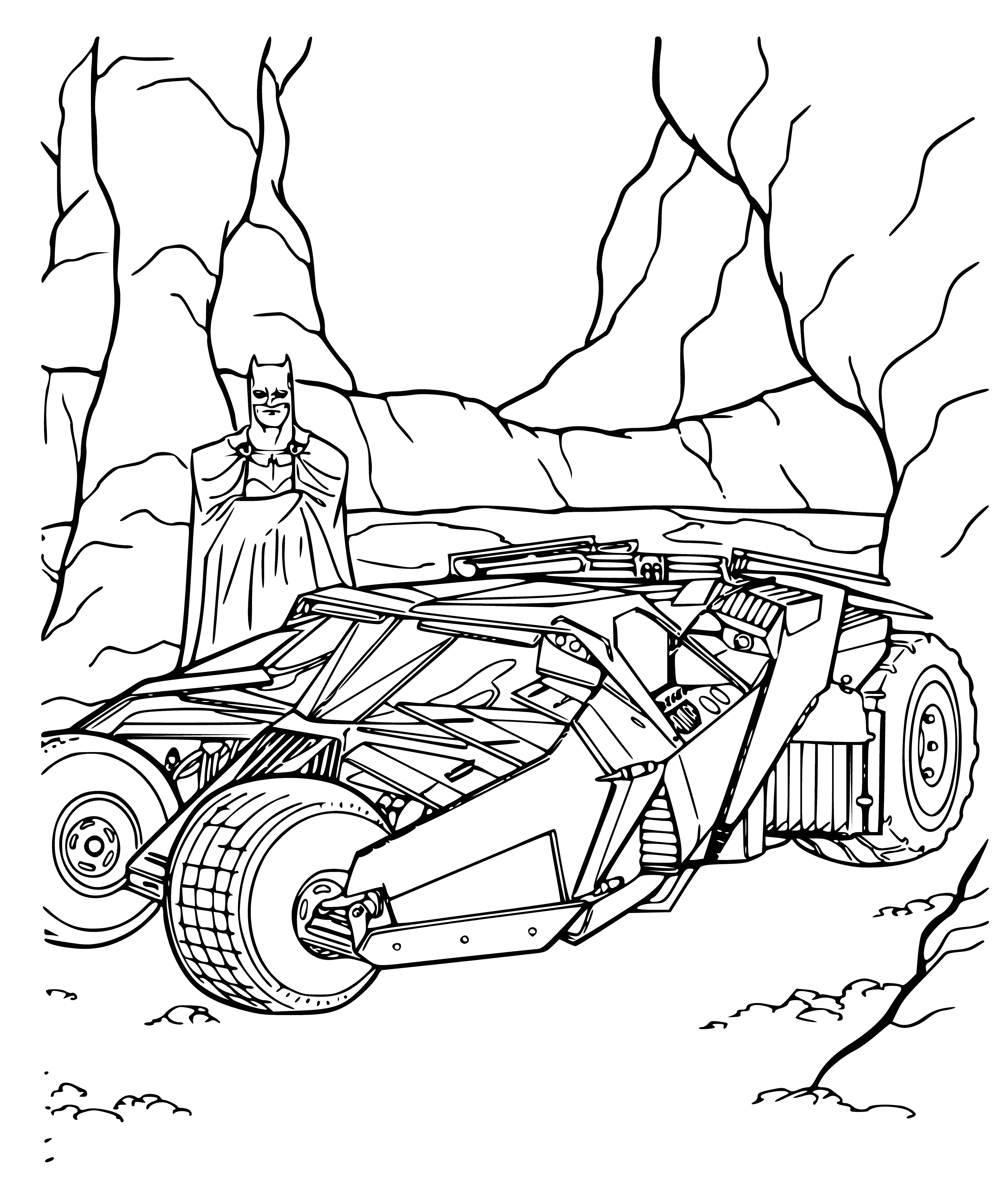 coloring page: The Batmobile is a large, black car with tinted windows, bat-symbol, fins & spotlights.