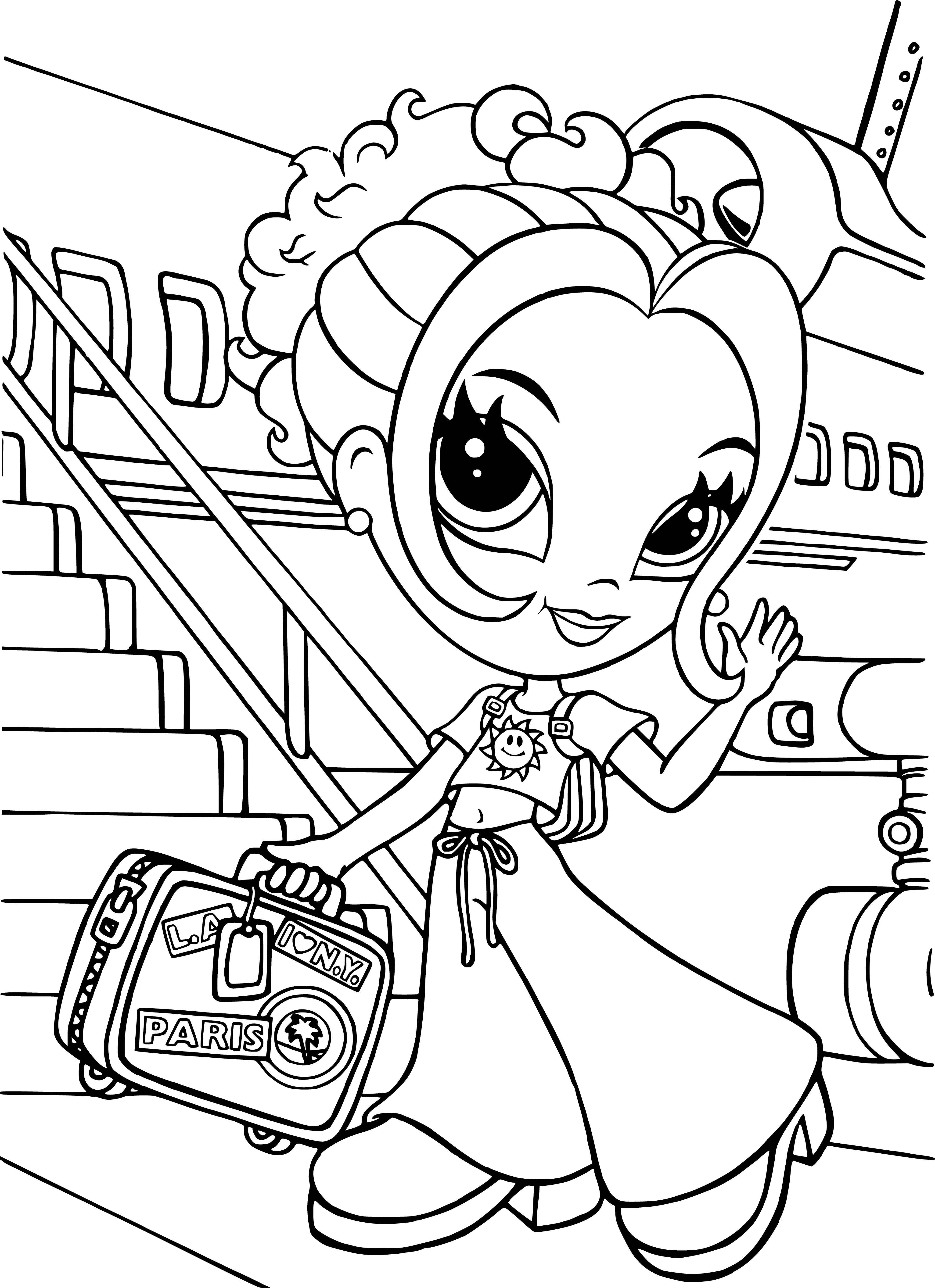 coloring page: Girl coloring paged in pink & purple dress, blonde hair & blue eyes, holding pink handbag, wearing gold jewelry, & standing in starry pink background.