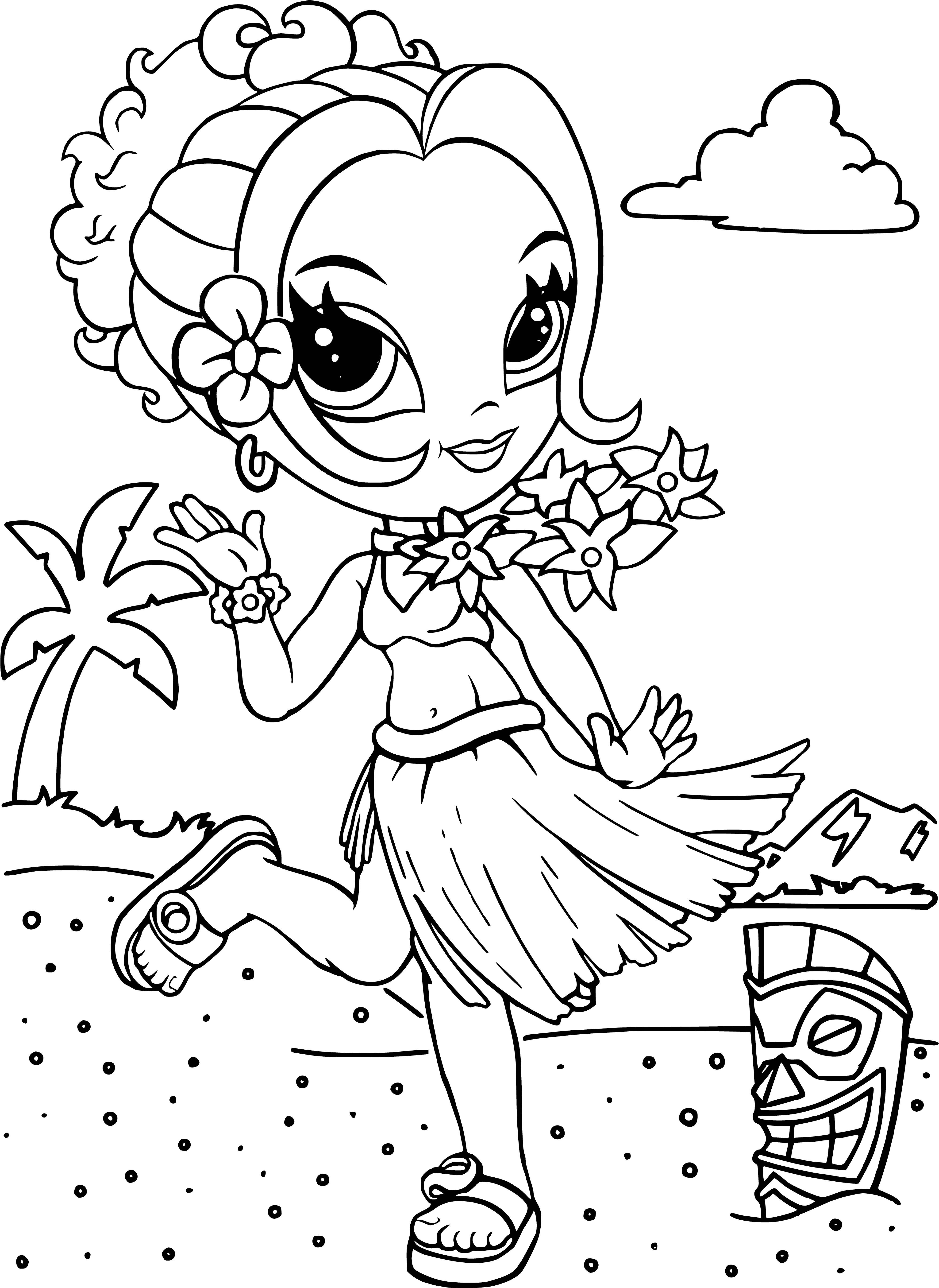 coloring page: Glam girl with long blonde hair, pink dress, fur stole & pink feathered boa. Seated at vanity in heels, purse on chair next to her.