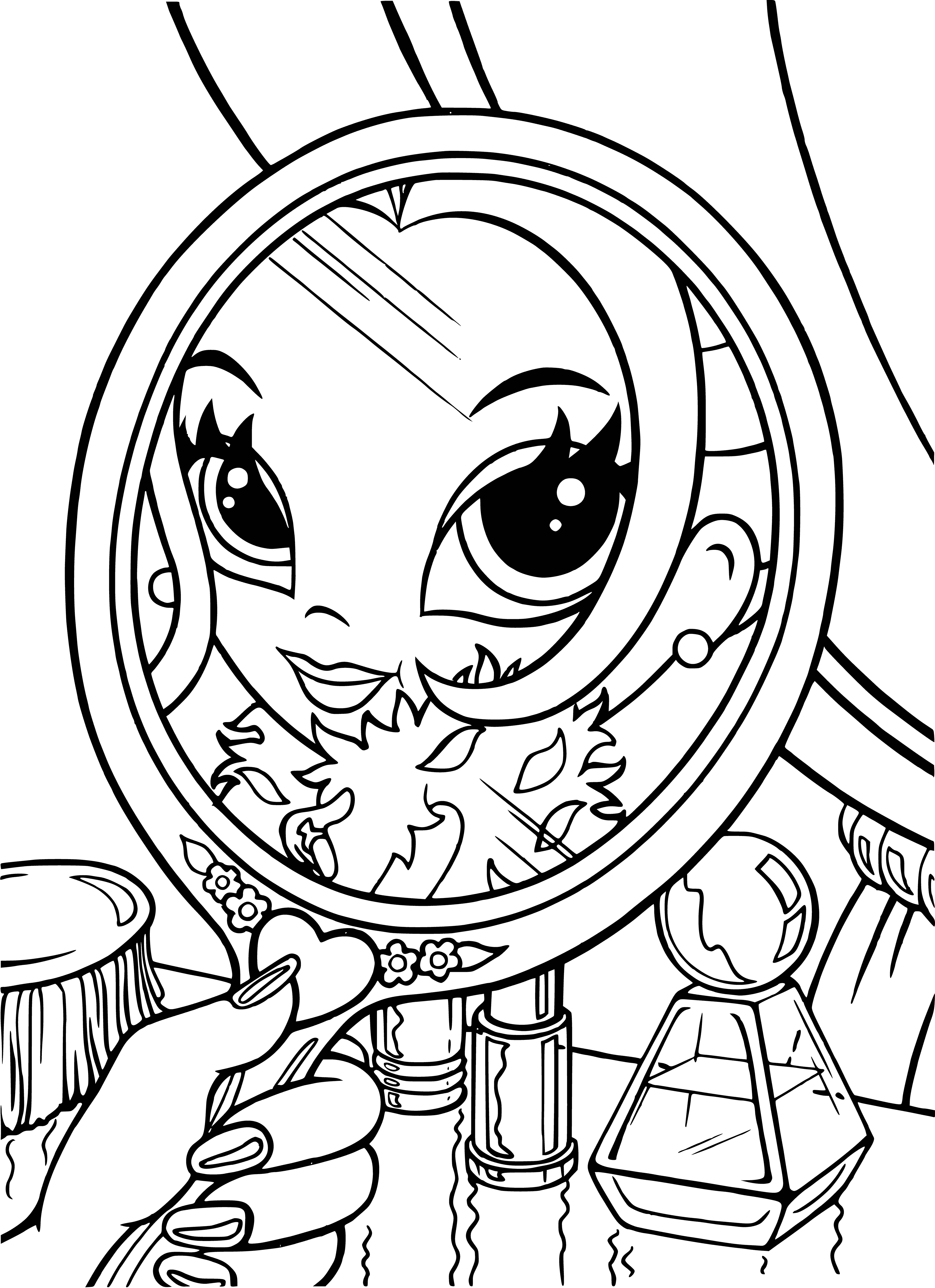 coloring page: Girl wearing pink stands confidently in front of mirror -smiling with reflection of her Lisa Frank coloring page. #glamour #selflove
