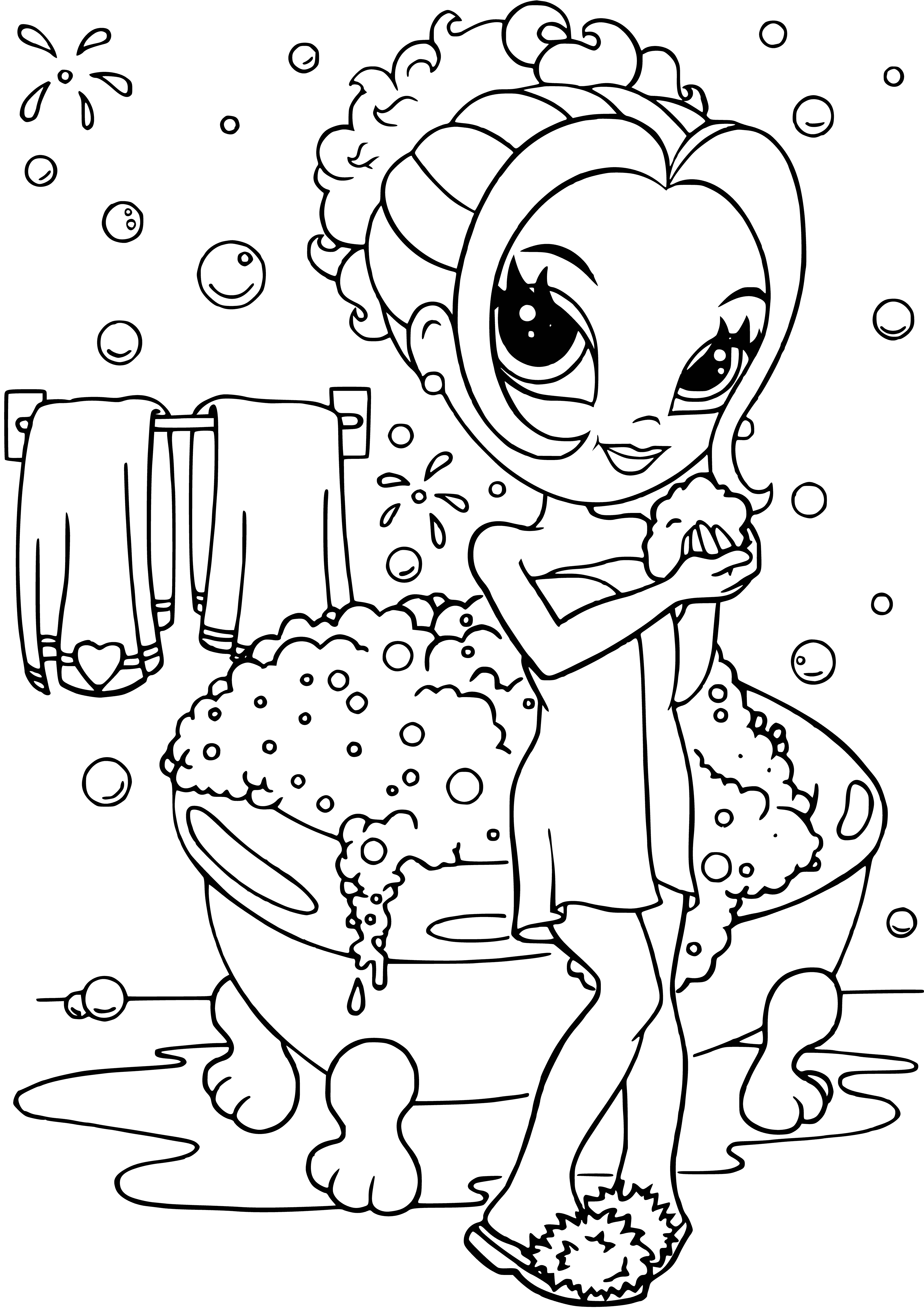 coloring page: Girl admires her reflection in mirror in pink dress, gold necklace & holding brush; smiling, happy with her appearance.