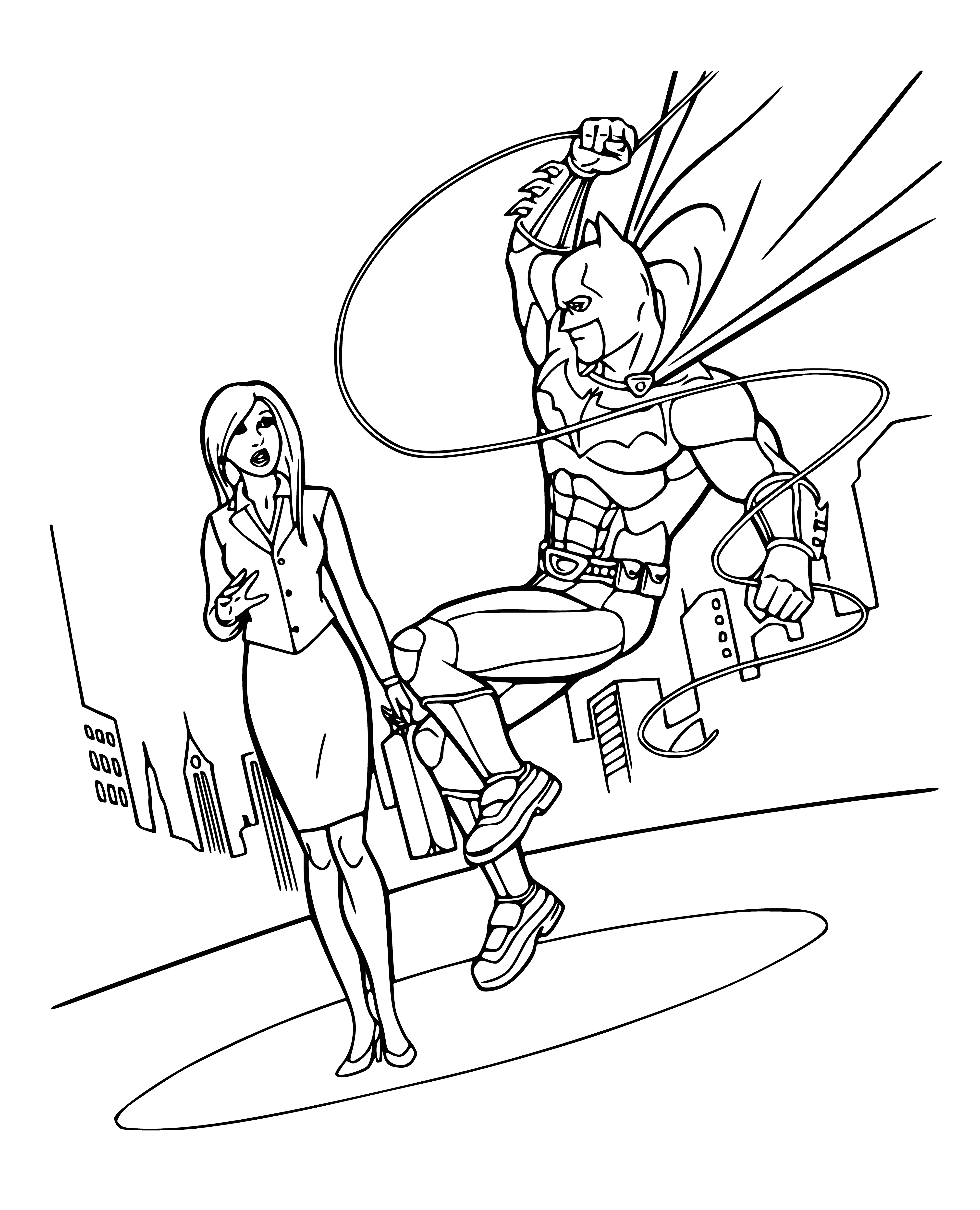 coloring page: A mysterious, powerful figure dressed in a cape & cowl, with piercing eyes ready to fight.