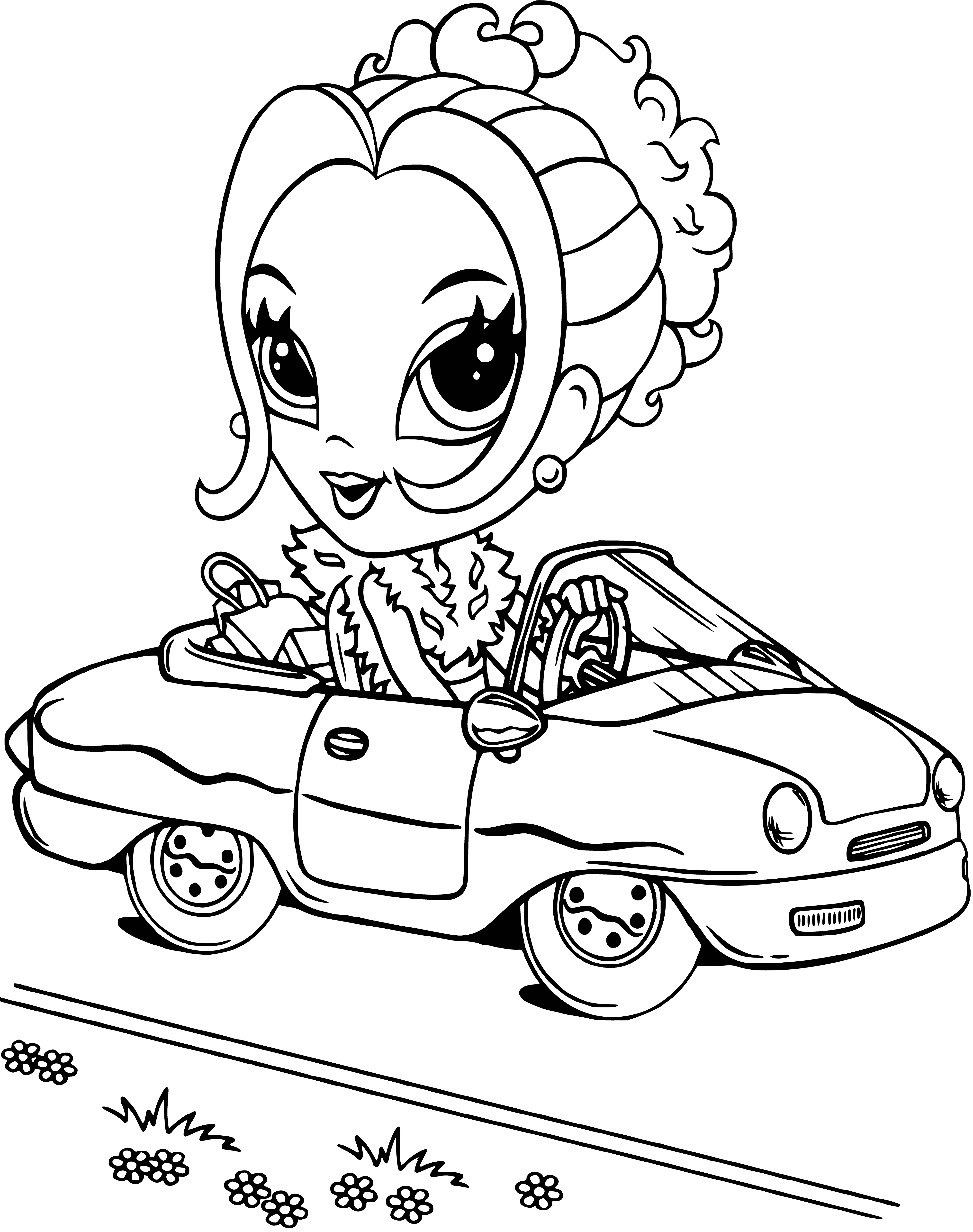 coloring page: Young woman in pink dress w/purple sash & gloves, holding pink fan & wearing a necklace w/large gem. Glamorous & chic!