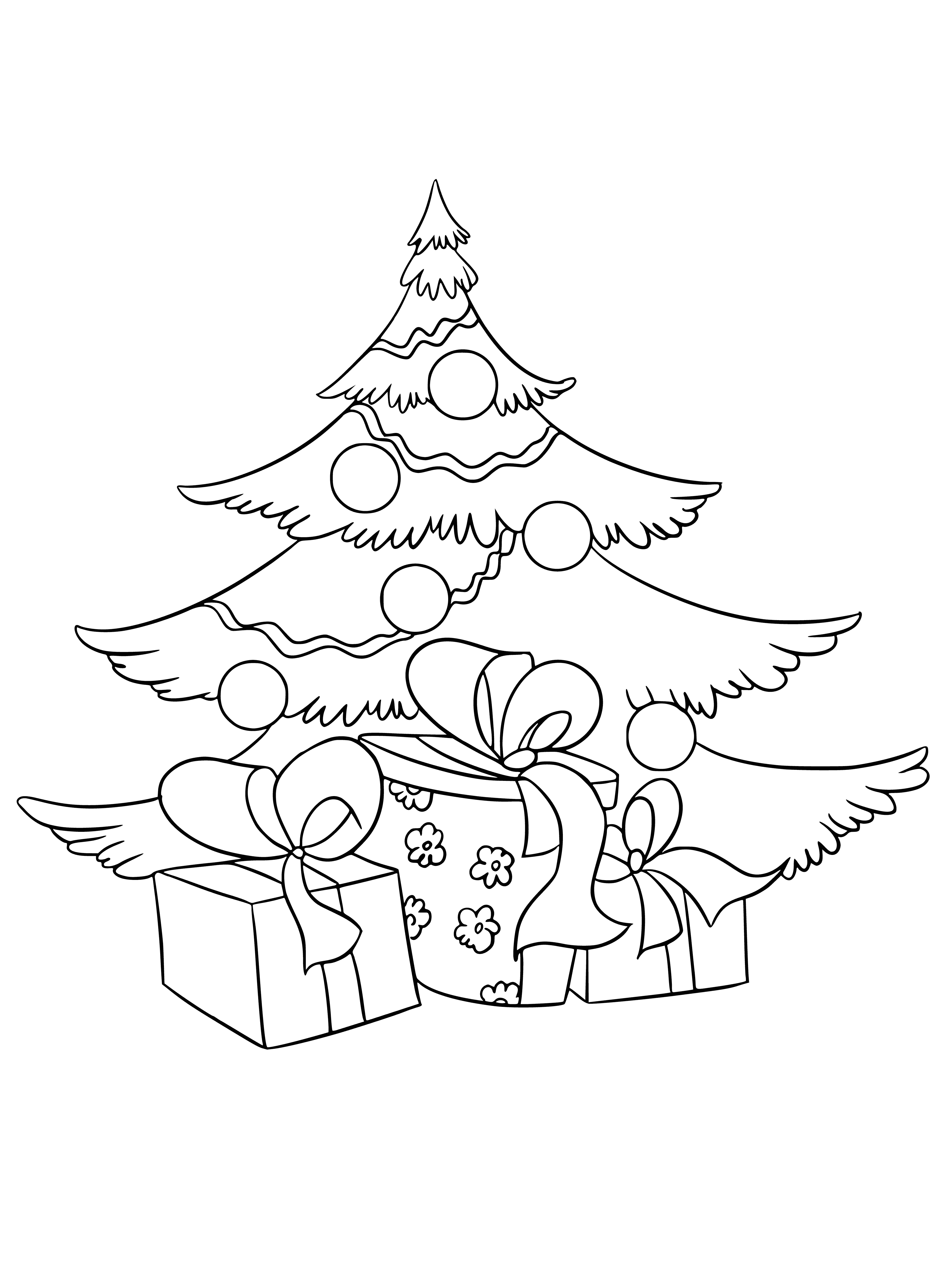 coloring page: A festive tree w/ a star is surrounded by presents wrapped in colorful paper, creating a cheerful Christmas scene.