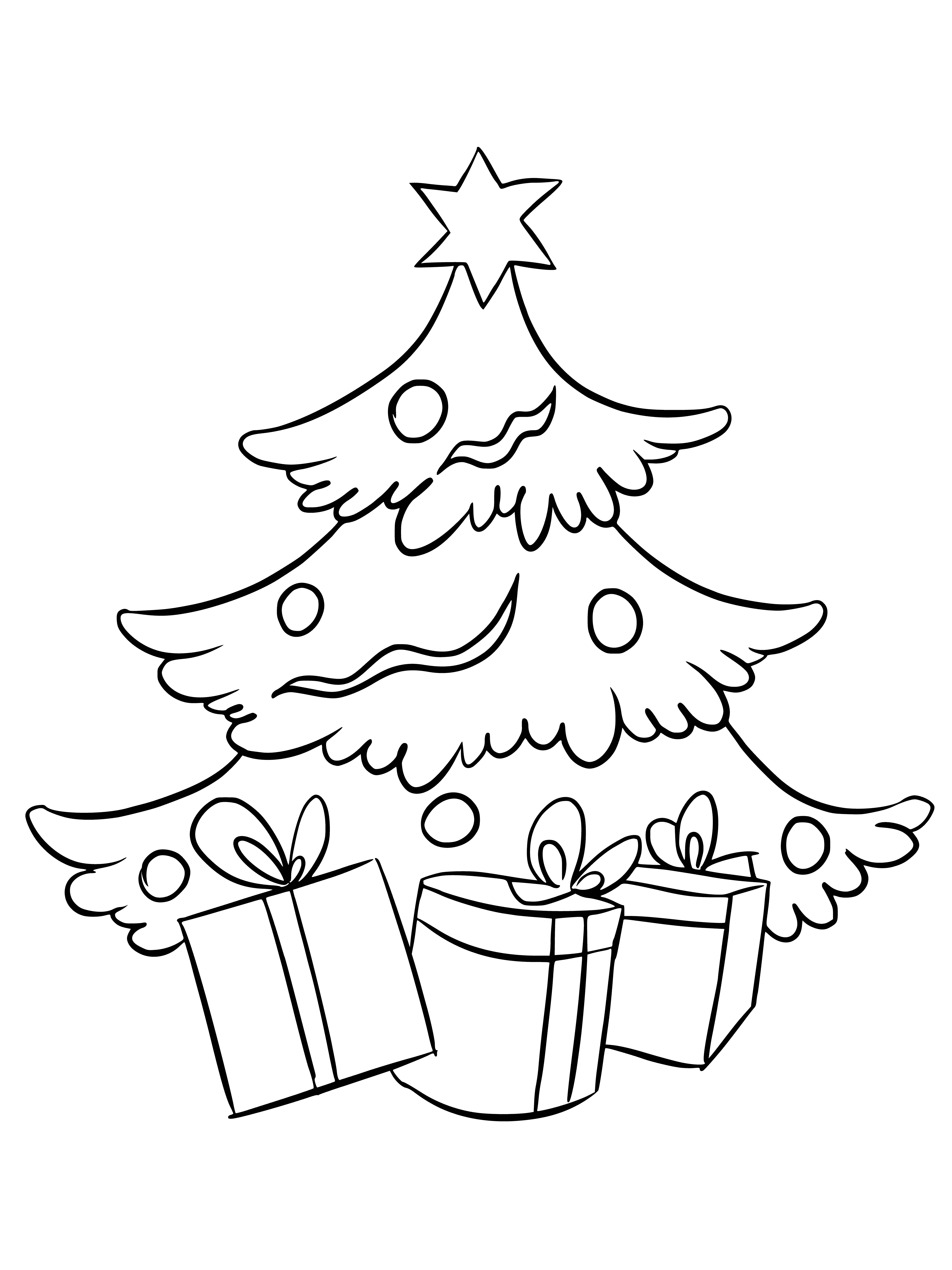 coloring page: Christmas tree is in the middle adorned with lights & ornaments, gifts piled at the base.